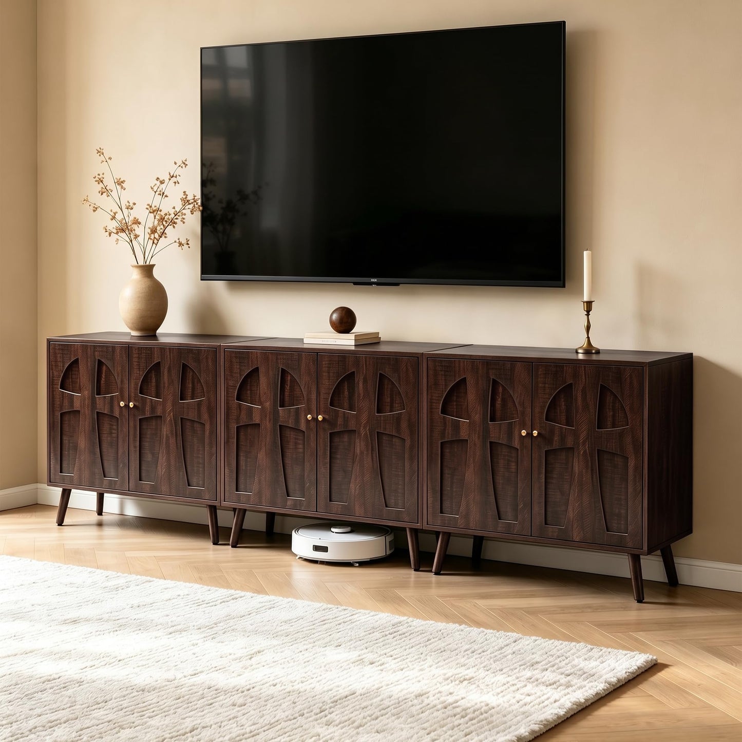 Janmer Home Sideboard Buffet Cabinet, 94.5" Wide Wooden Storage Cabinet with Arched Cutout Doors, Adjustable Shelves, Mid-Century Modern Credenza for Kitchen Living Room Entryway Dark Walnut