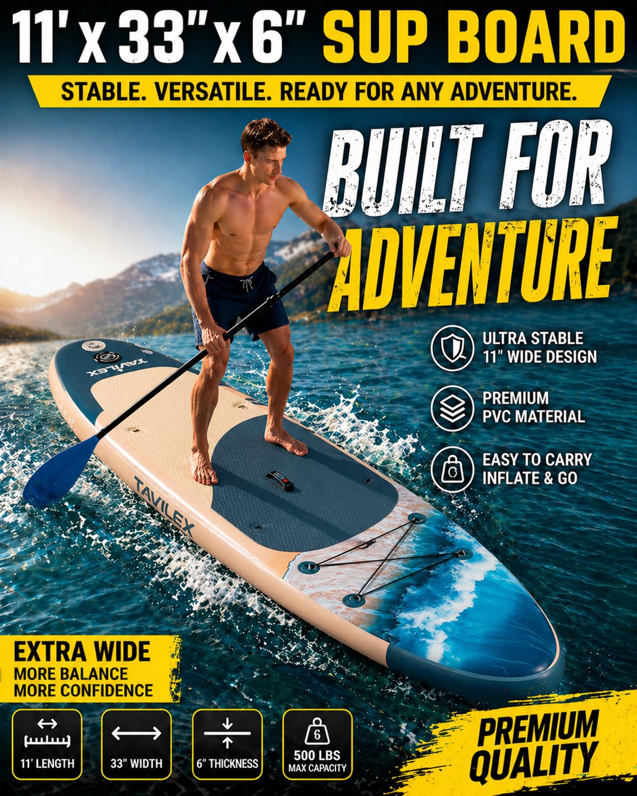Tavilex Inflatable Stand Up Paddle Board with Seat, 11' x 33" x 6" Ultra-Wide 2-in-1 SUP Board for Adults & Youth, Stable Blow Up Paddleboard Kit with Dual-Blade Paddle (Blue Wave)