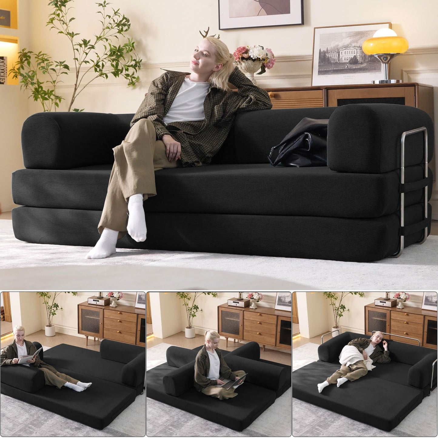 WHGBJA 79" Convertible Sleeper Sofa Bed with Cylindrical Pillow, Corduroy Folding Mattress Couch with Fixed-Shape Frame, Floor Sofa Lounge Couch for Living Room Bedroom Lounge Studio (Black)
