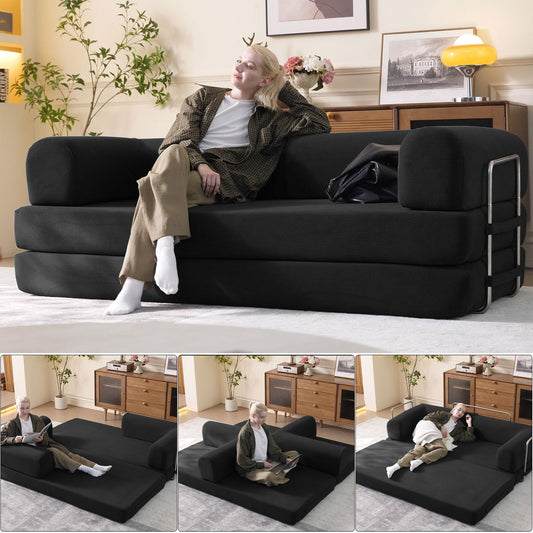 WHGBJA 79" Convertible Sleeper Sofa Bed with Cylindrical Pillow, Corduroy Folding Mattress Couch with Fixed-Shape Frame, Floor Sofa Lounge Couch for Living Room Bedroom Lounge Studio (Black)