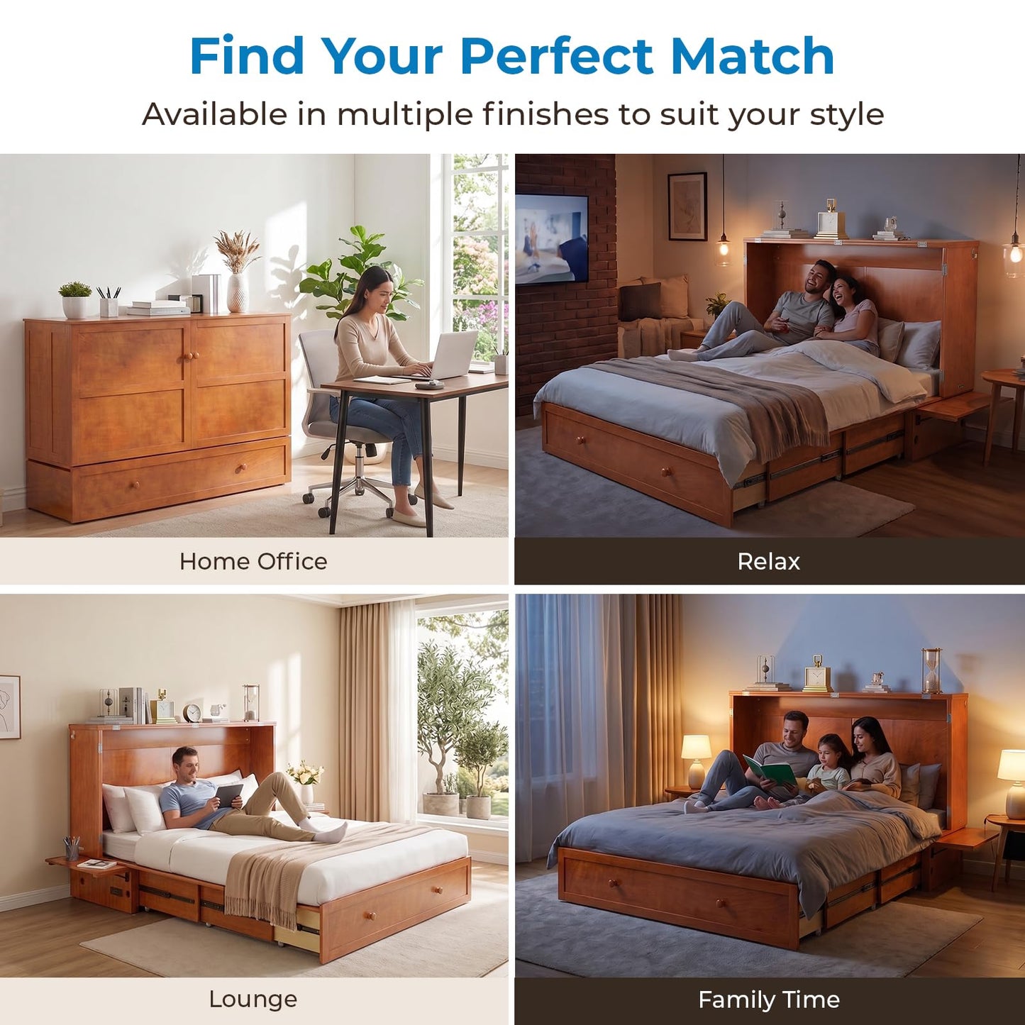 Mjkone Queen Murphy Bed Cabinet with Mattress Included, Cabinet Murphy Chest Bed with Drawer and USB Charging, Bedside Panel, Convertible Hidden Guest Wall Beds for Bedroom, Apartment - Cherry