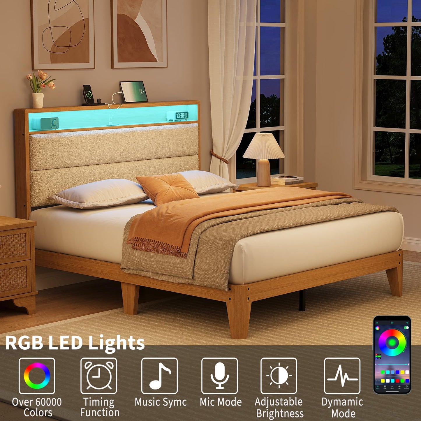 GAOMON Full Size Upholstered Platform Bed Frame with RGB LED Lights, Storage Headboard & Charging Station, Under Bed Storage, No Box Spring Needed, Cream