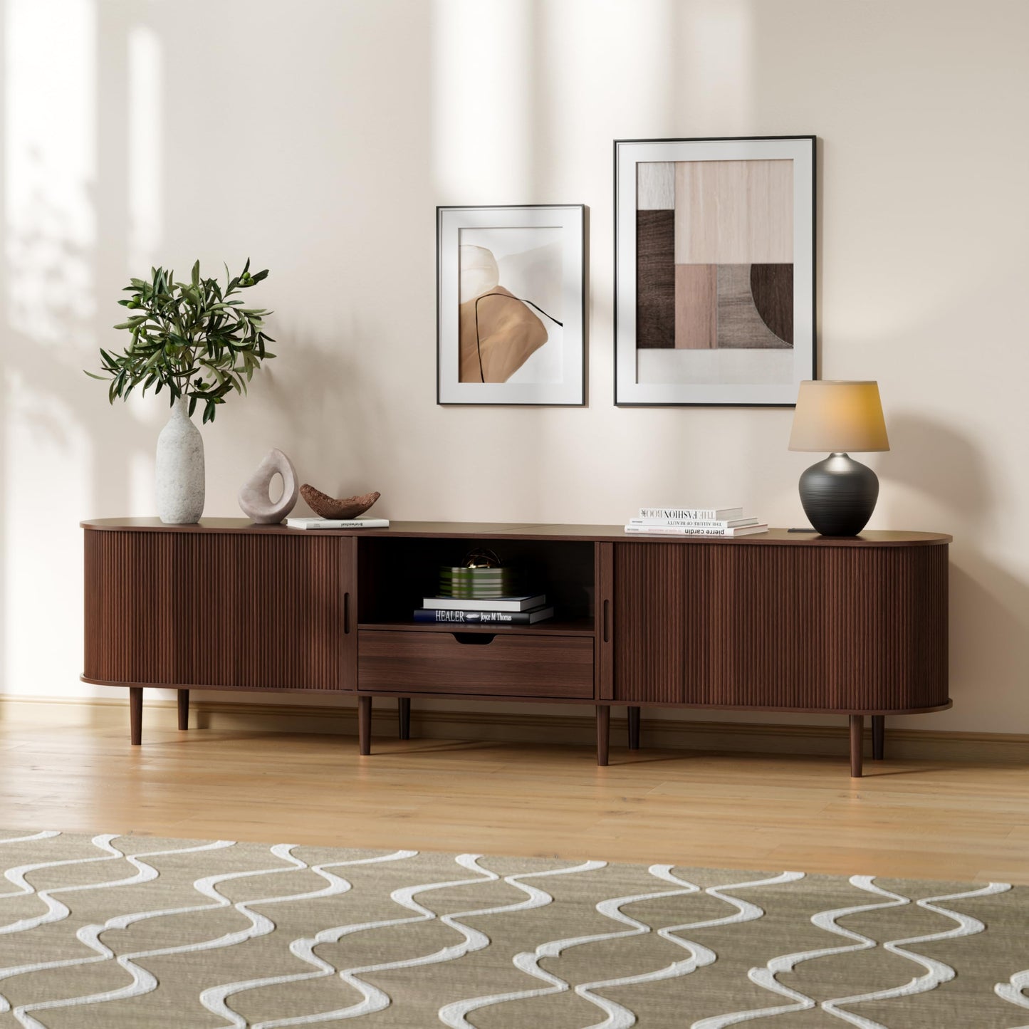 DHH 86.6" Fluted TV Stand with Power Outlet for TVs up to 90", TV Console with Adjustable Shelves and Sliding Door,Mid Century Modern Entertainment Center for Living Room,Bedroom (Walnut)