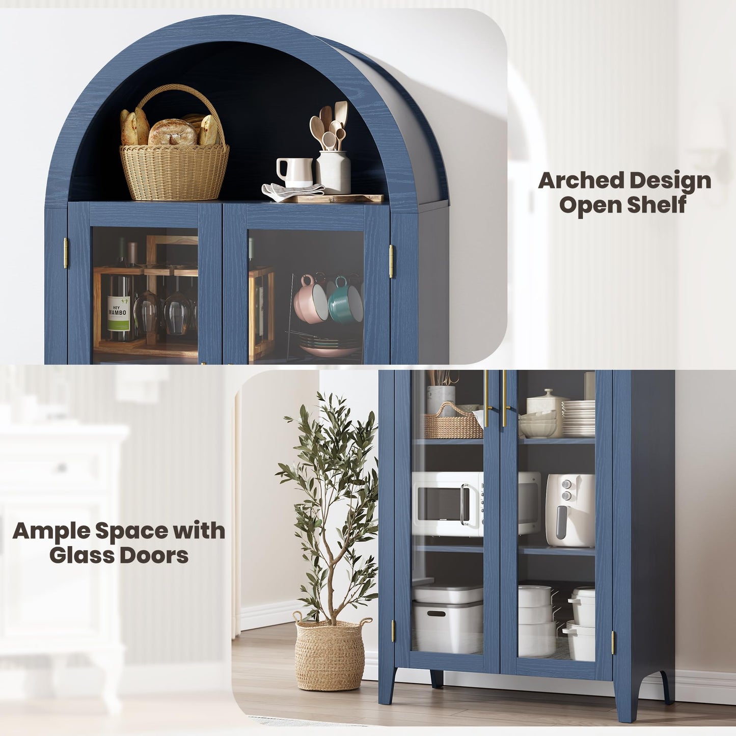 GarveeHome Arched Kitchen Pantry Cabinet - Farmhouse 5 Tier Display Shelf with Adjustable Shelf and 2 Large Glass Doors, Versatile Storage Cupboard for Kitchen, Dining Room, Living Room, Night Blue