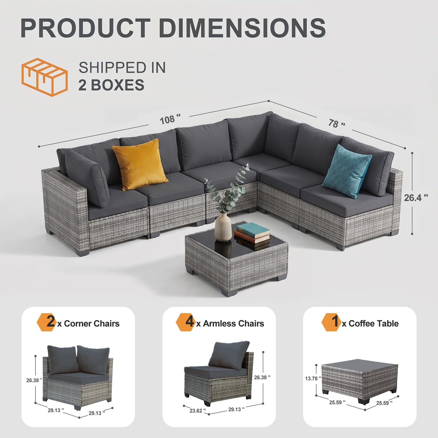 Kamsly 7 Piece Outdoor Patio Furniture Sets, Modular Wicker Sectional Sofa, Patio Conversation Sets with Glass Coffee Table for Backyard, Porch, Garden, Poolside (Grey PE Rattan + Dark Grey Cushions)