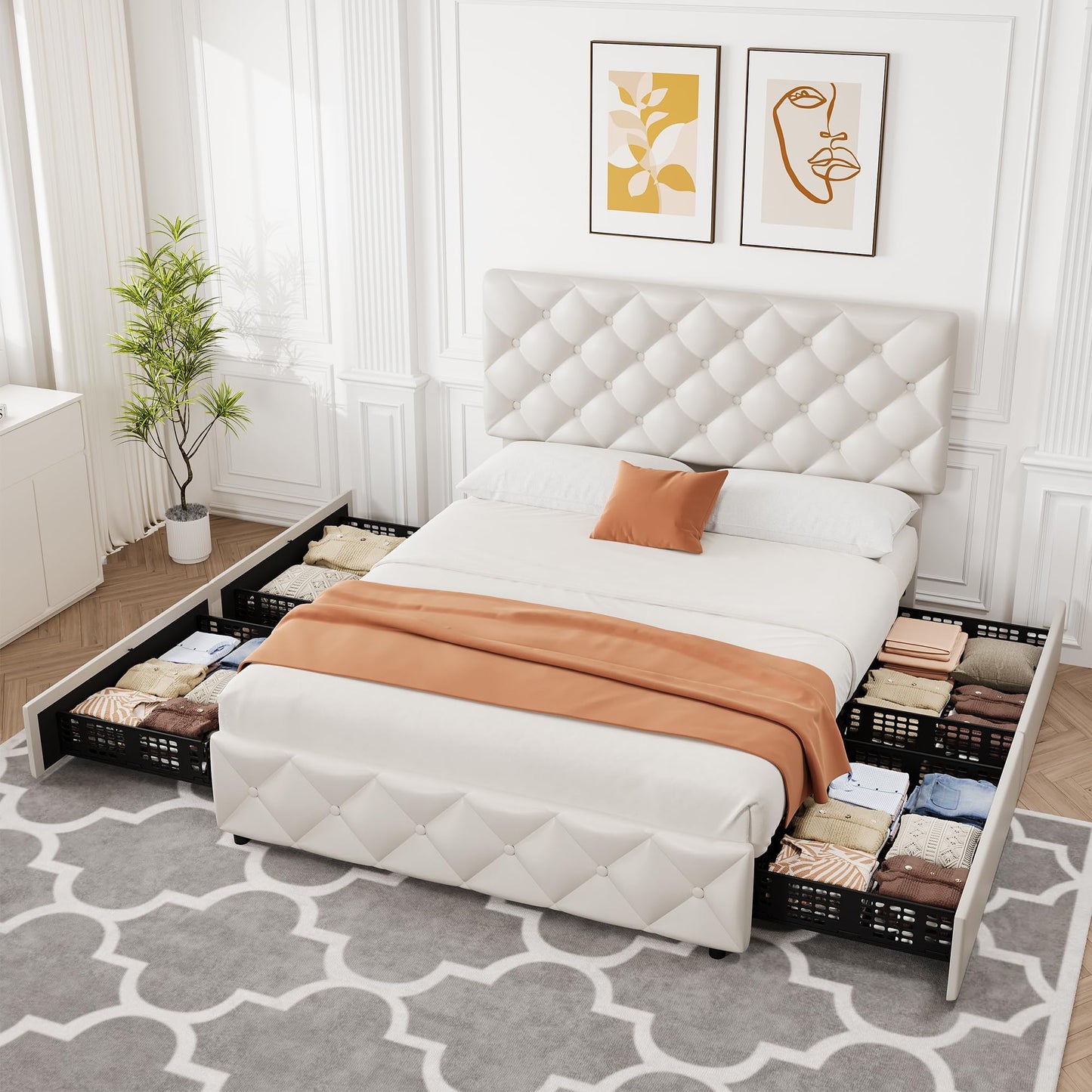 Garvee Queen Size Platform Bed Frame, Faux Leather Upholstered Bed Frame with Adjustable Headboard & 4 Drawers, Modern Bed Frame, Wooden Slats Supports, No Box Spring Needed, White