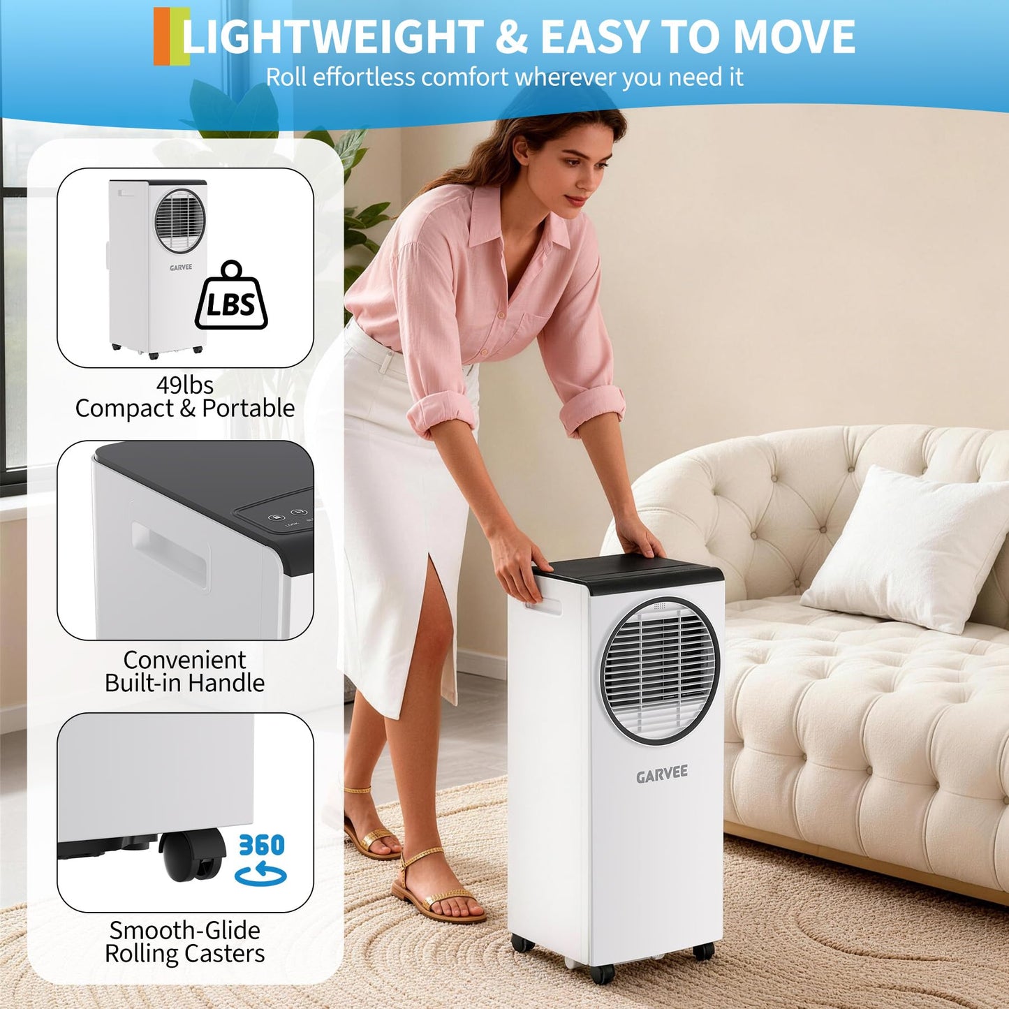 Garvee 8000 BTU Portable Air Conditioner, Portable AC Unit with Dehumidifier, Fan and Remote Control, Energy Efficient Indoor AC Conditioner for Rooms up to 350 Sq. Ft., White