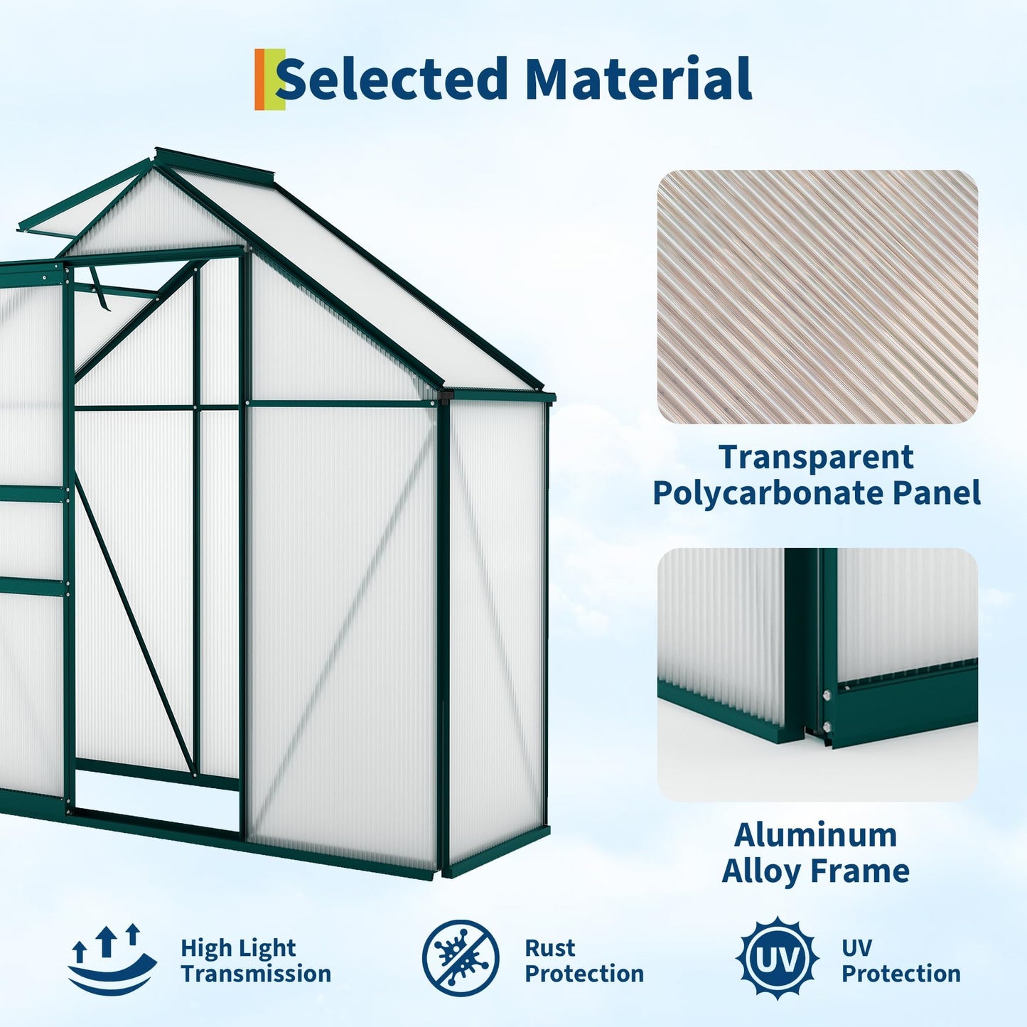 MilleLoom 6x3Ft Greenhouse for Outdoors, Polycarbonate Greenhouse with Quick Setup Structure, Roof Vent&Sliding Door, Aluminum Large Walk-in Green House for Outside Garden Backyard, Patio, Lawn, Green