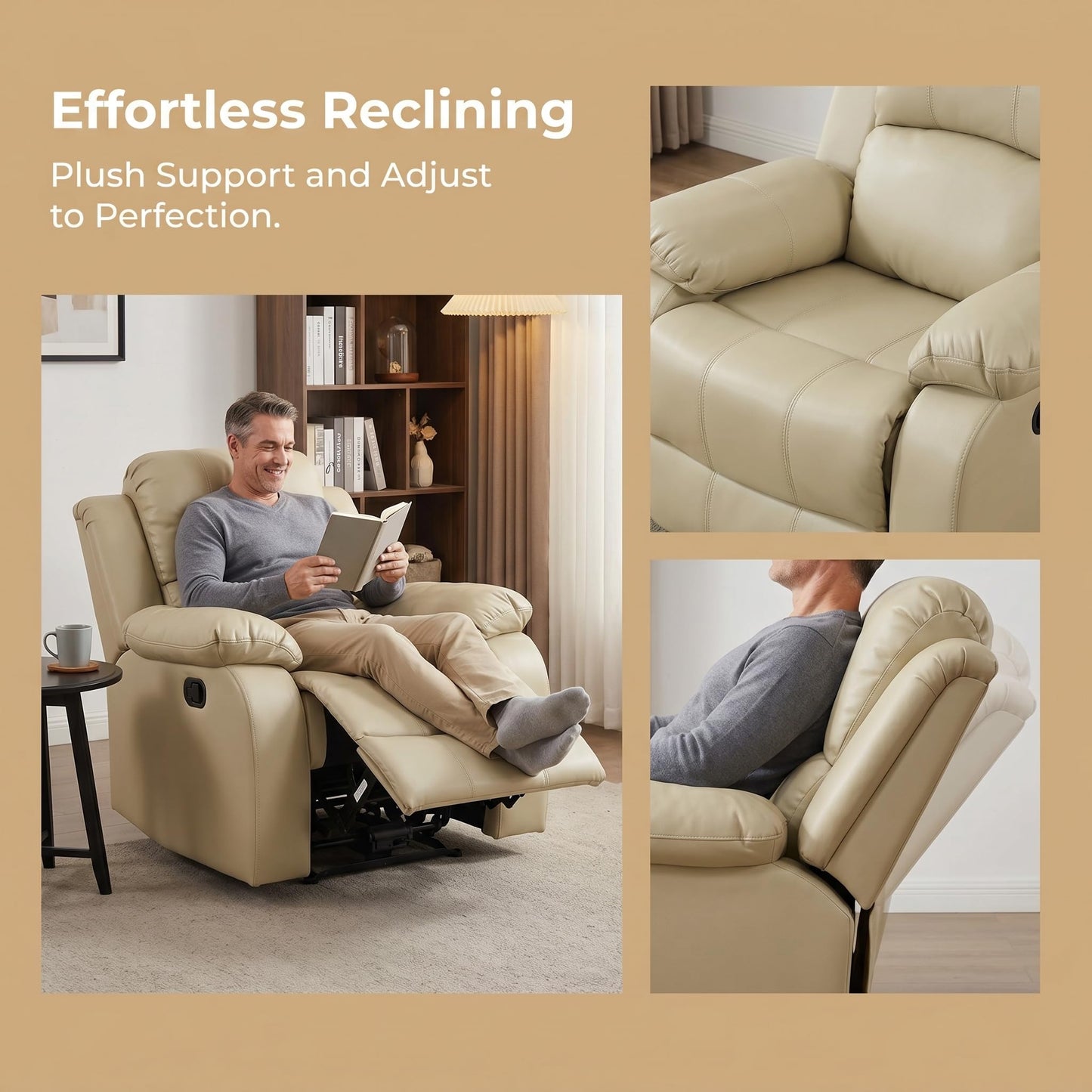 Trygoal Manual Recliner Chair, Nursery Rocking Chair, Leather Recliner Chair for Adults, Lazy Boy, Gaming Recliner wih Overstuffed Arms, Suitable for Home Theater, Living Room, Bedroom, Beige