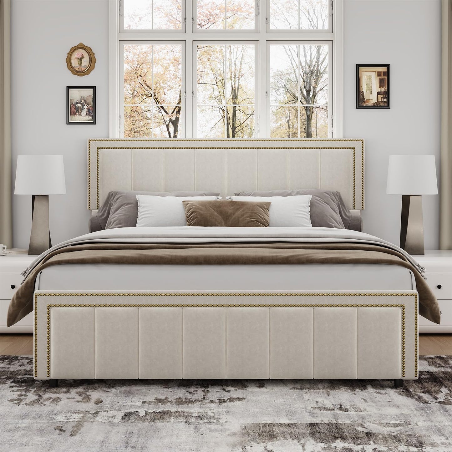 BarnFurin King Size Size Bed Frame with 50" Tall Headboard and Footboard, Chenille Upholstered Bed Frame, Vertical Channel Tufting with Nailhead Trim, No Box Spring Needed, Easy Assembly, Beige