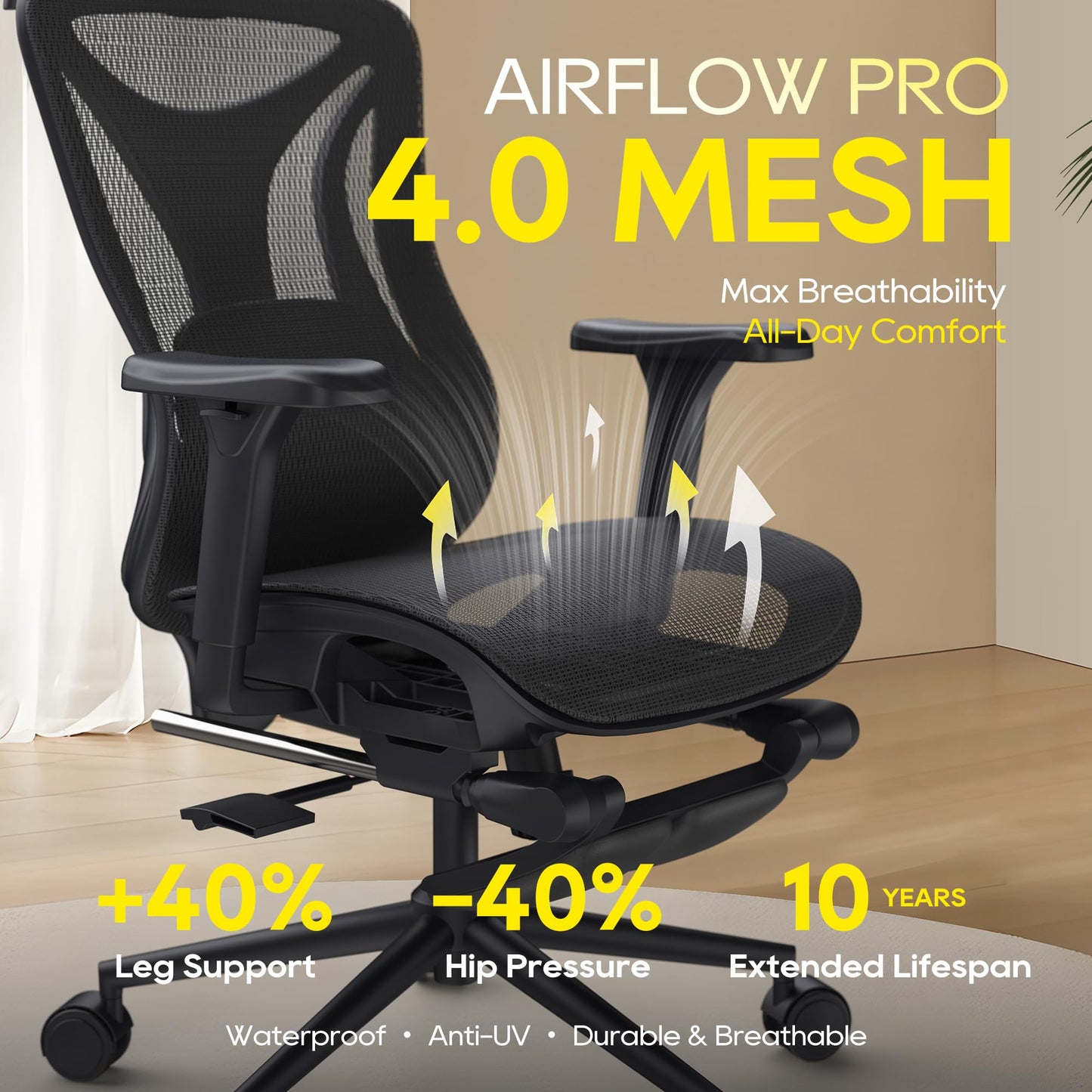 CYKOV Ergonomic Office Chair with Footrest - Adjustable Lumbar Support & Headrest, 90-160° Reclining Mesh Back Computer Chair - Home Office/Gaming, 350lbs Capacity (B-Black, Mesh)