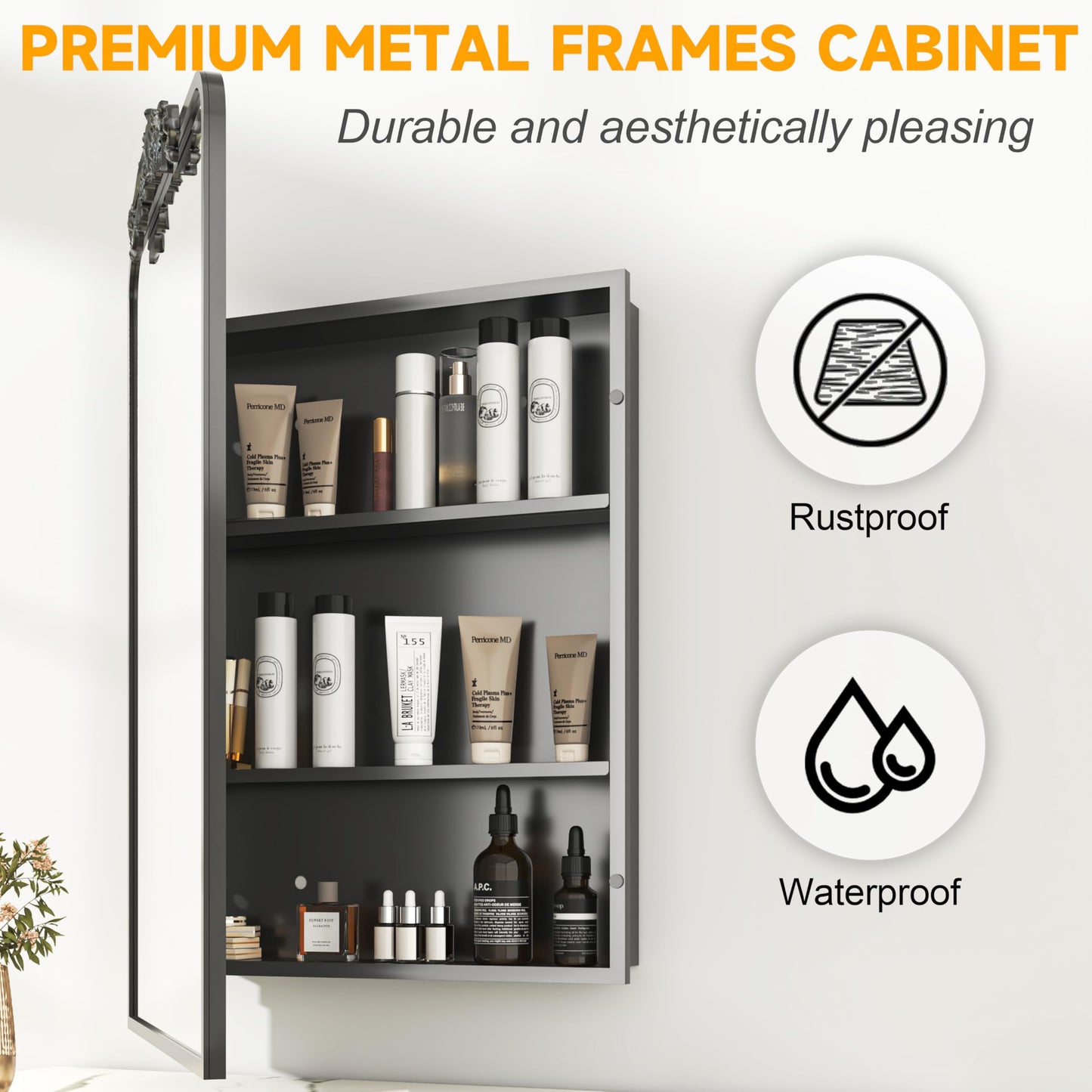 Batuso 35"x24" Bathroom Medicine Cabinet with Vintage Arched Mirror - All-Metal Black Medicine Cabinets with Hand-Painted Aluminum Door Frame, 2 Stable & Removable Shelves, Black