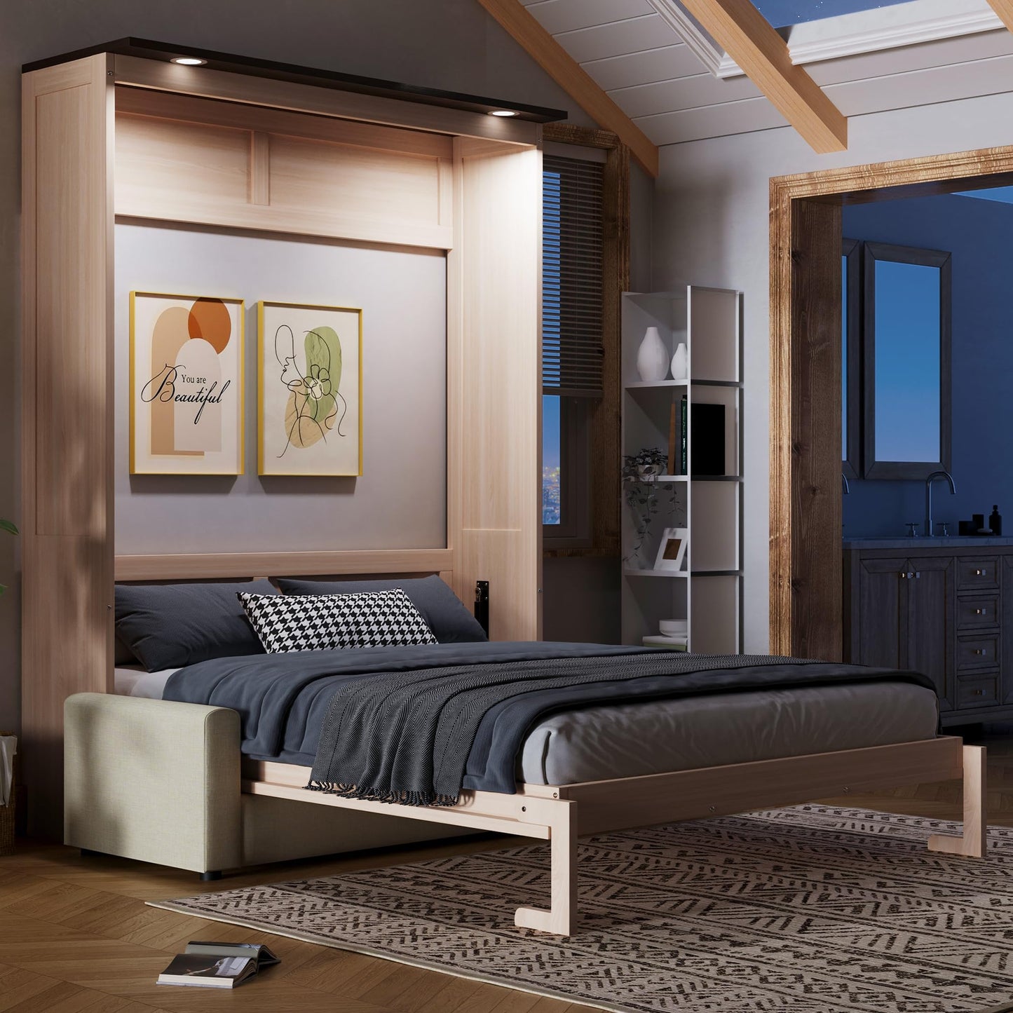 Queen Murphy Bed with Couch and LED Lighting,Solid Wood Folding Murphy Wall Bed Cabinet with Sofa