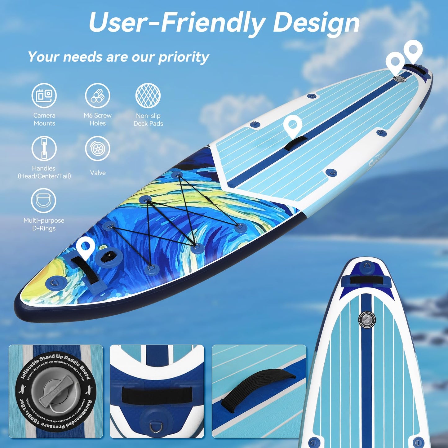 YUSING Inflatable Paddle Board with Seat, 11' x 33'' x 6" SUP, Paddle Boards for Adults, Non-Slip Deck SUP Paddle Board with Premium Kayak and SUP Accessories,3 Removable Fins (Starry Sky Blue)