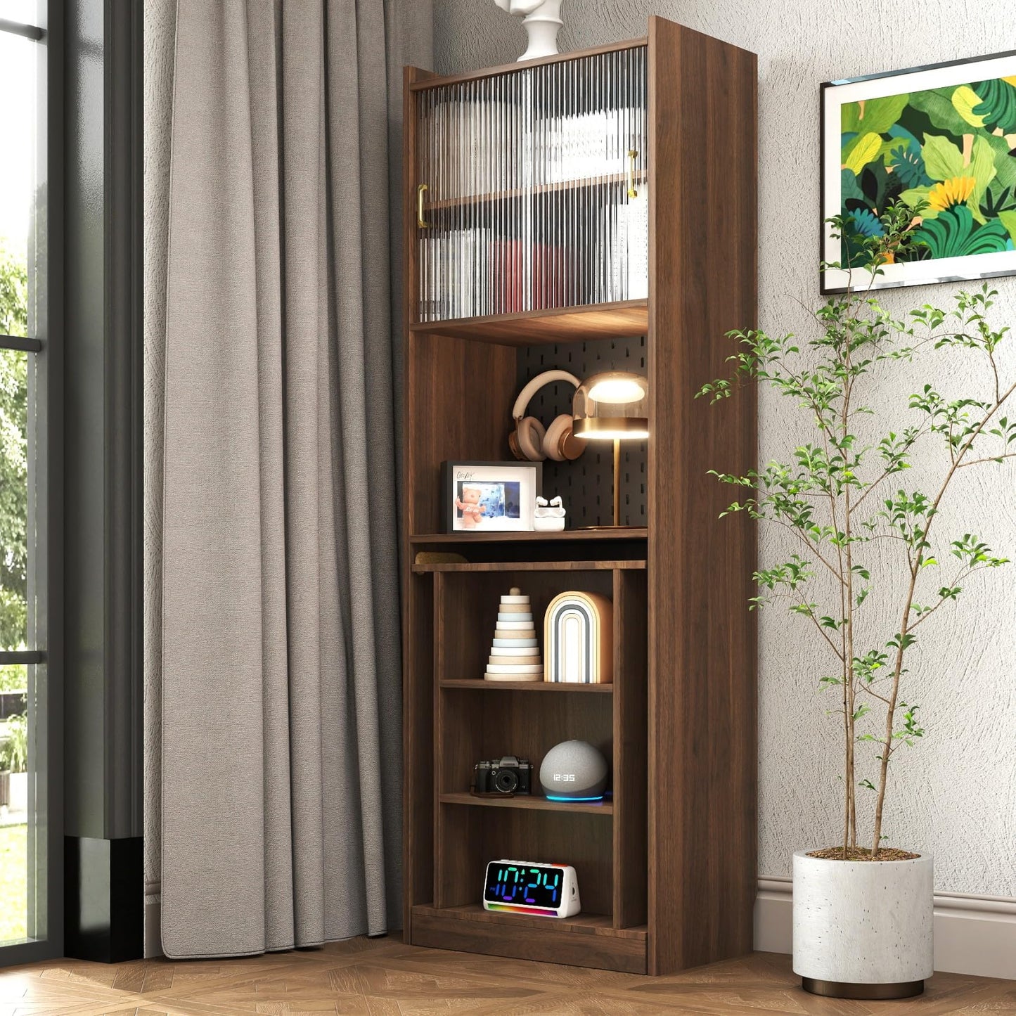 KEIKI Folding Home Office Desks with Pegboard, Glass Doors, Bookshelf & Storage Shelves, Modern Wooden Computer Table Workstation for Work, Study, Writing