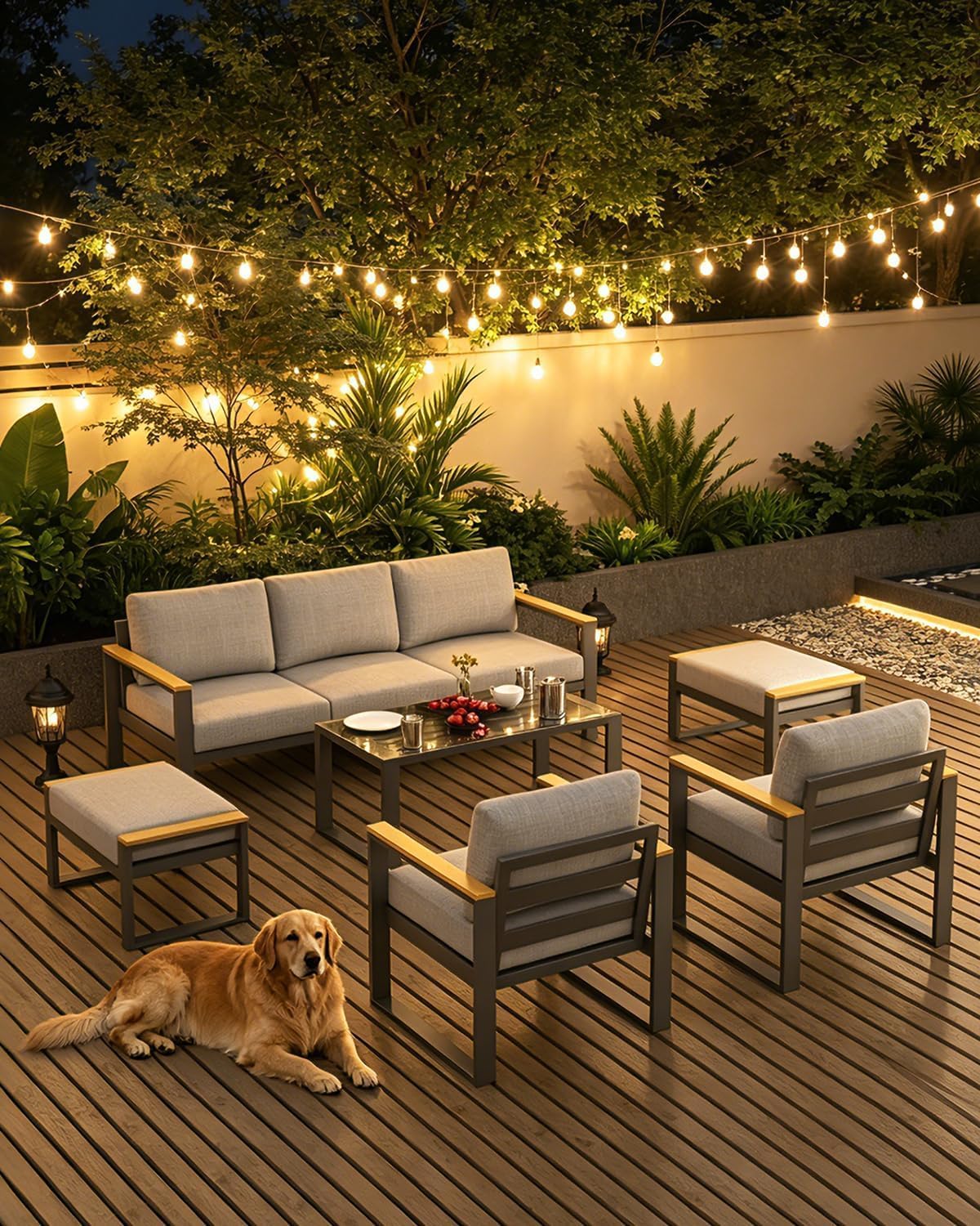 GarveeLife Aluminum Patio Furniture Set, 7 Seats Outdoor Patio Conversation Sets with Coffee Table, 6 Pieces Metal Conversation Sectional Furniture Sofa for Balcony, Garden, Deck, Backyard,Gray