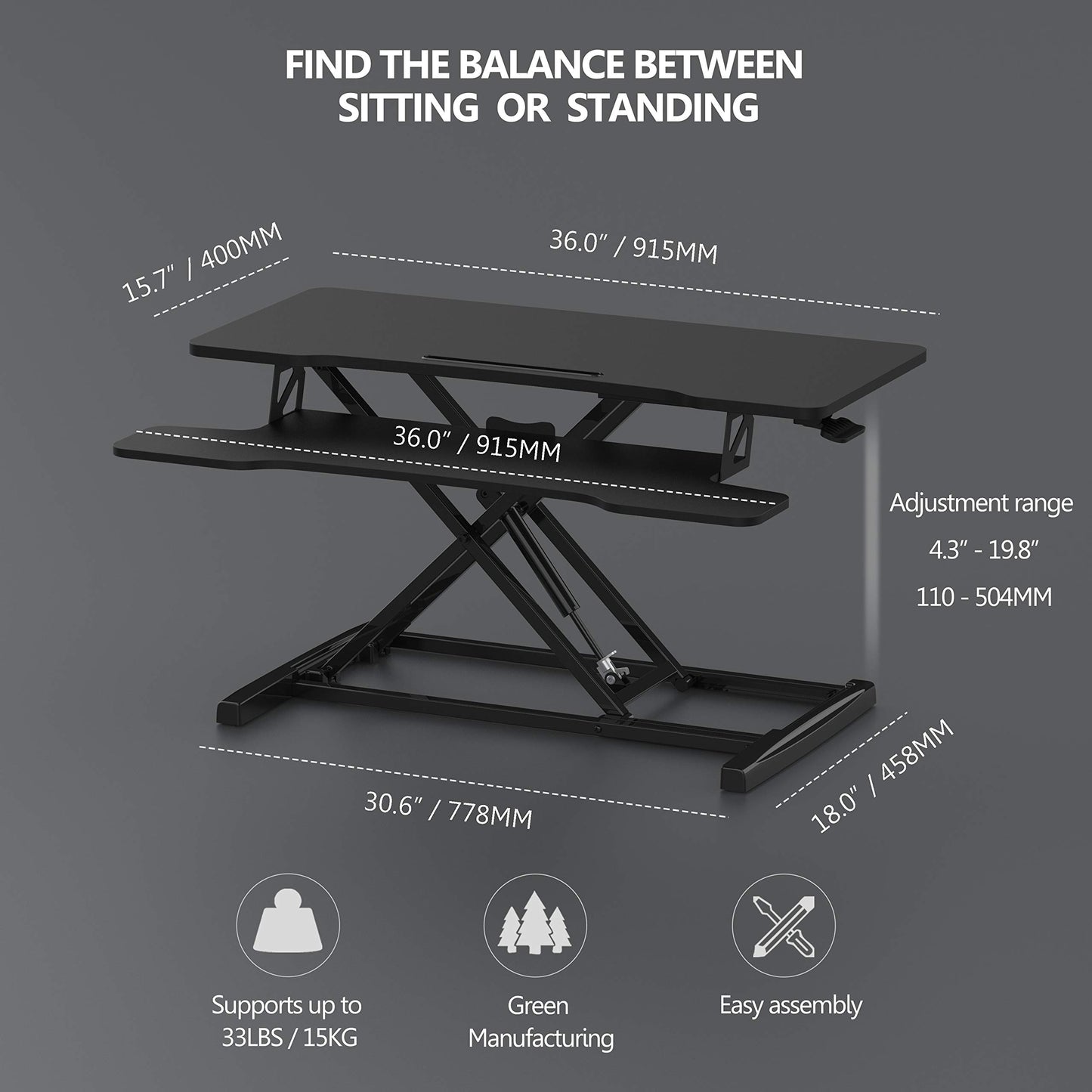 FITUEYES Height Adjustable Standing Desk 36” Wide Sit to Stand Converter Stand Up Desk Tabletop Workstation for Laptops Dual Monitor Riser Black SD309101WB