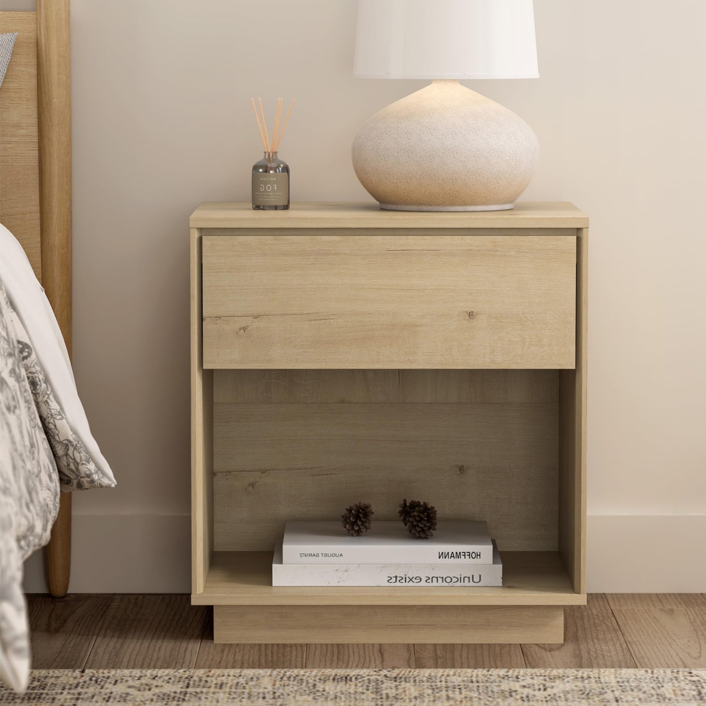 MoomJiee Farmhouse End Side Table Set of 2 Modern Wood Nightstands Bedside Cabinet with Storage Drawer and Open Shelf for Bedroom, Living Room, Light Oak