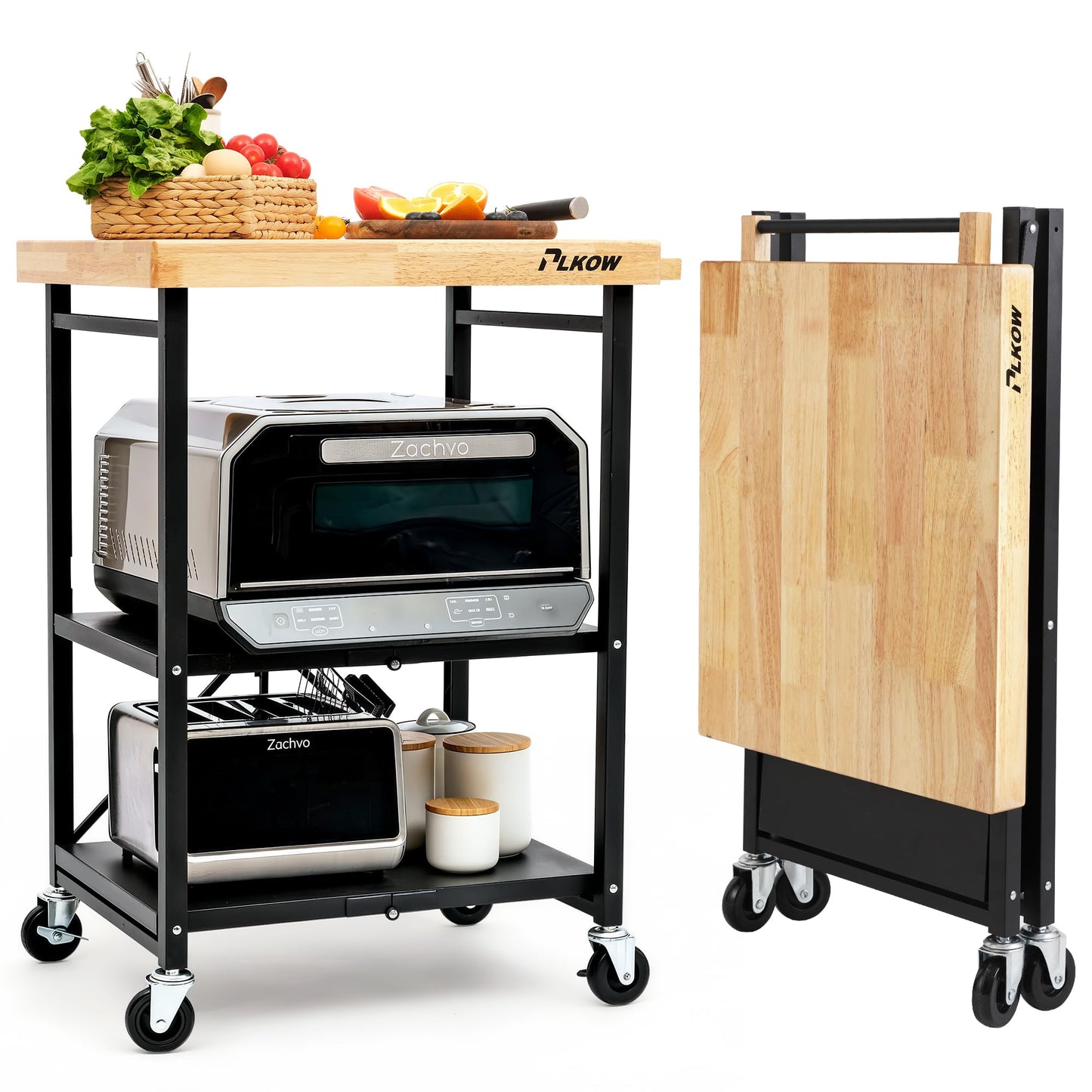 PLKOW Foldable Kitchen Cart with Solild Oak Wood Top, Rolling Kitchen Island on Wheels, 3-Tier Storage Utility Cart for Microwave, Toaster Oven, Small Spaces