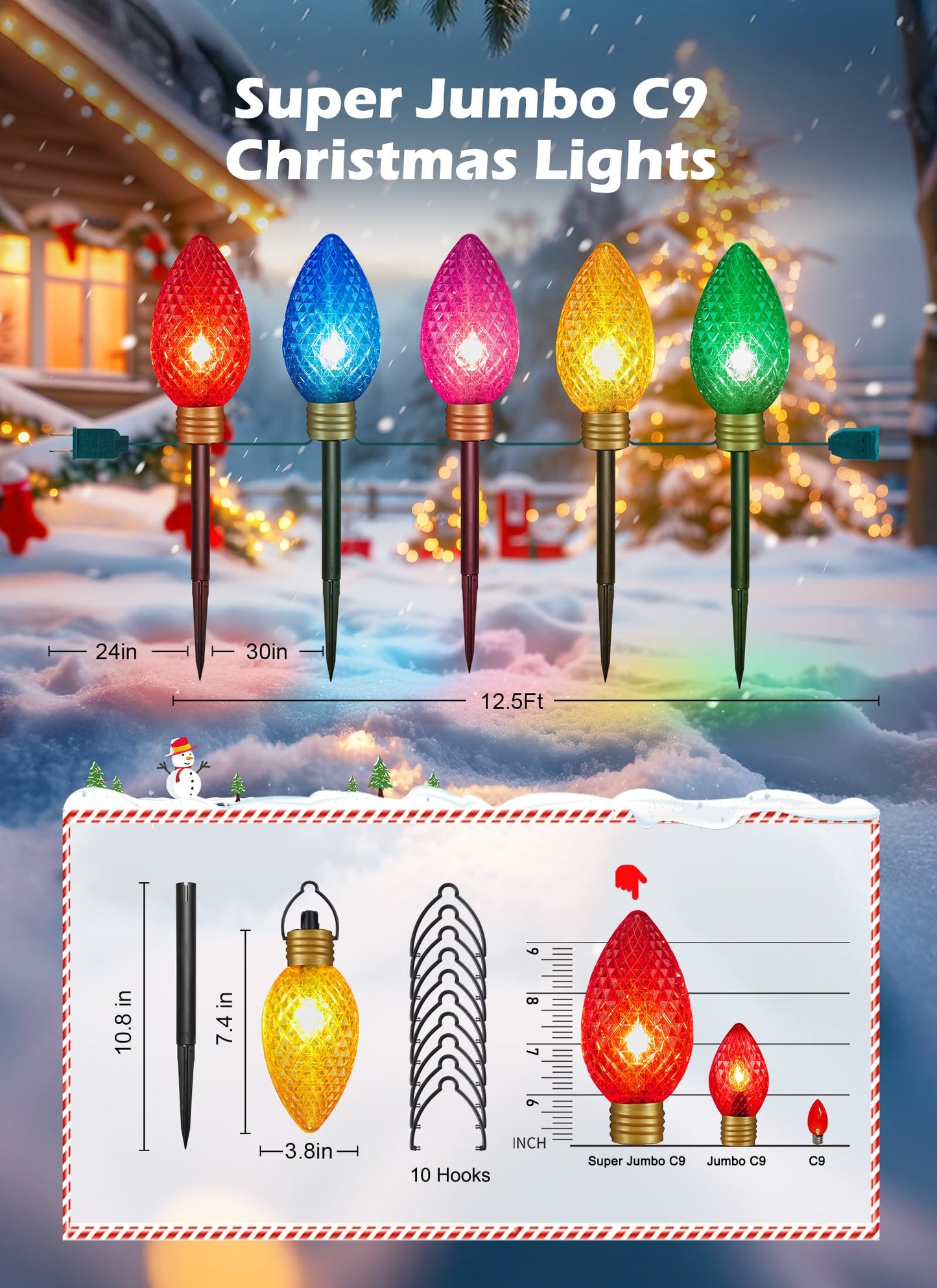 Minetom 2 Pack Jumbo C9 Christmas String Lights, 11 Feet, Waterproof, Strawberry Multicolor, Model GY-C-50.6-U-B1