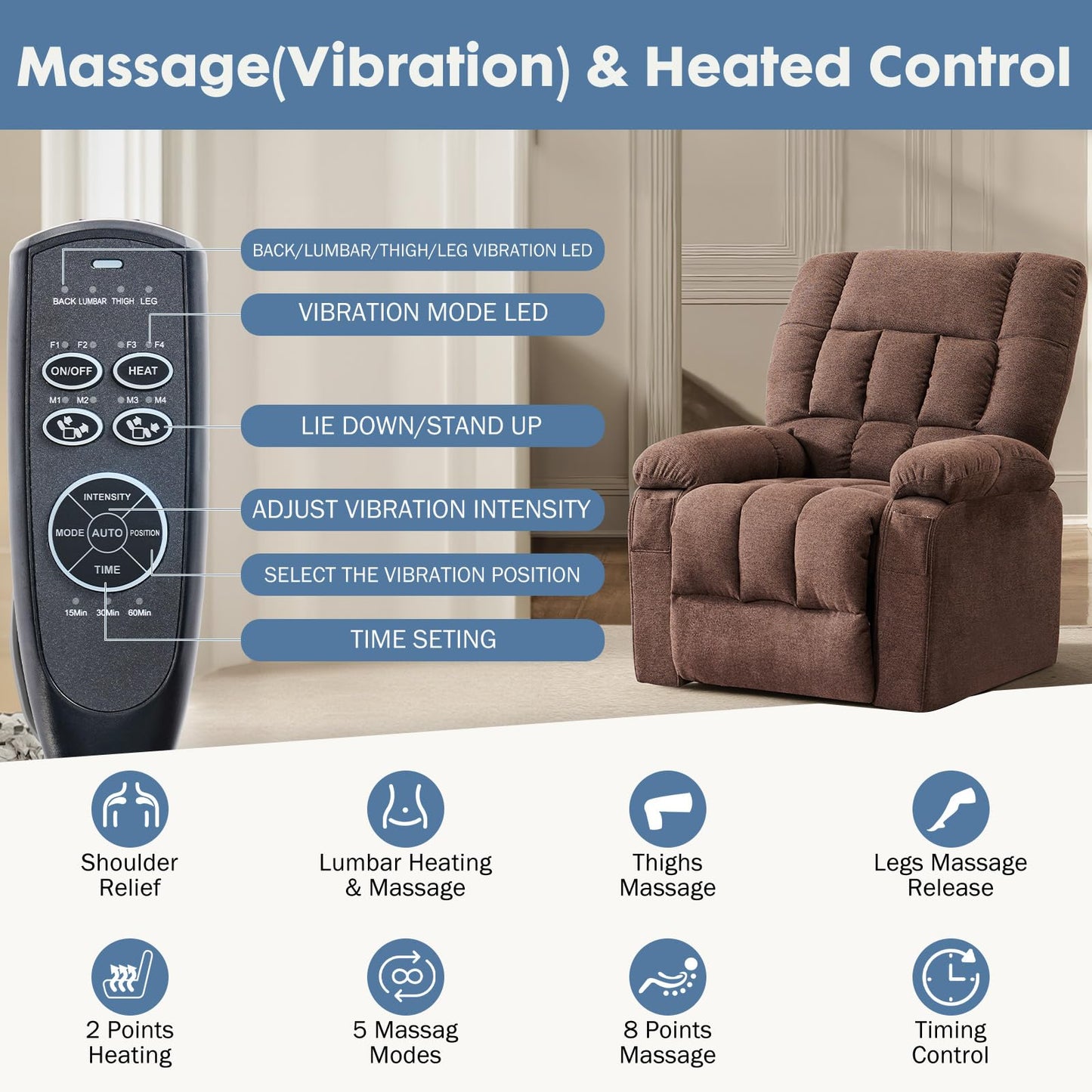 DUMOS Power Lift Recliner Chair with Vibration Massage and Heat for Elderly, Ergonomic Overstuffed Breathable Fabric Reclining Chair with 3 Pockets, Remote Control, Living Room, Bedroom, Brown