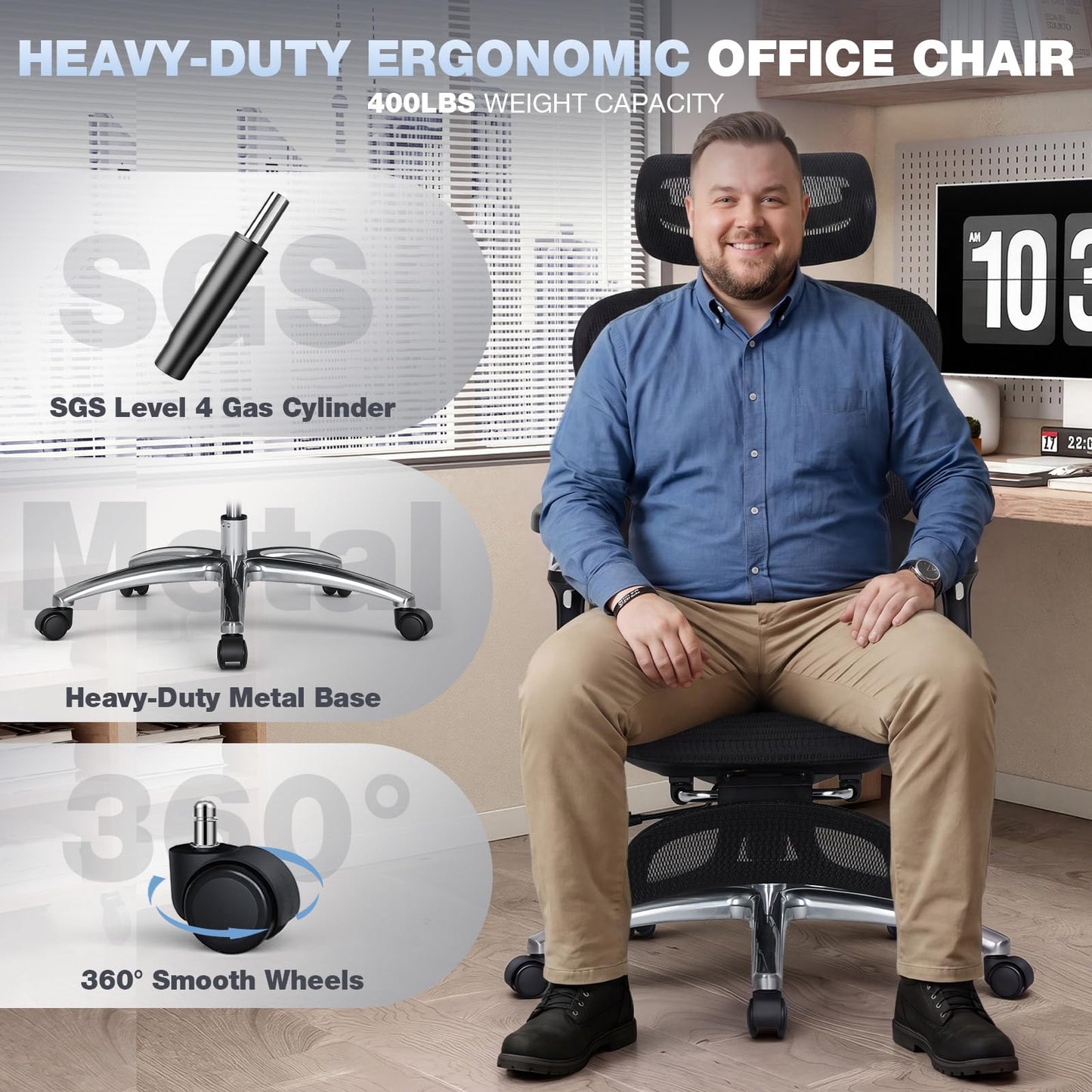 MALOL Ergonomic Office Chair, 400lbs High Back Mesh Desk Chair with 6D Armrests, 3D Headrest, Adjustable Lumbar Support, Seat Depth Adjustment, Tilt Lock, Metal Base & PU Wheels, Black