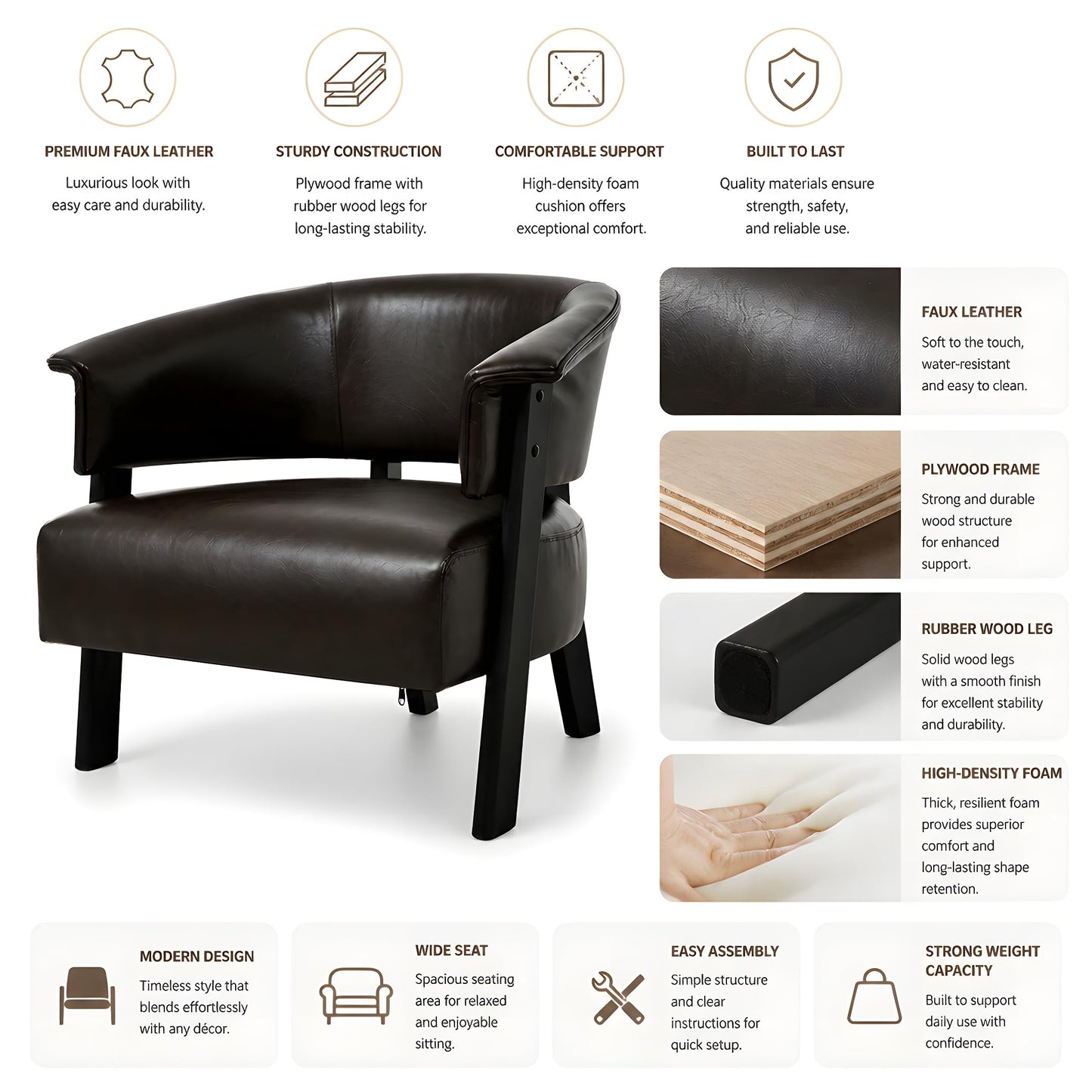 Christopher Knight Home Faux Leather Wingback Accent Chair Upholstered Barrel Armchair with Solid Wood Legs Wrap Around Back Single Sofa Chair for Living Room Bedroom Reading, Brown