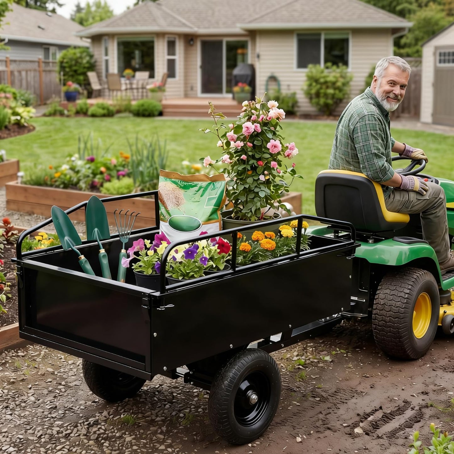 750 LBS Capacity Utility Dump Trailer, 15 Cu Ft Heavy Duty Steel Garden Dump Cart with Removable Sides, Foot Pedal & Hand Pull Design, Compatible with ATV UTV Lawn Mower Tractor