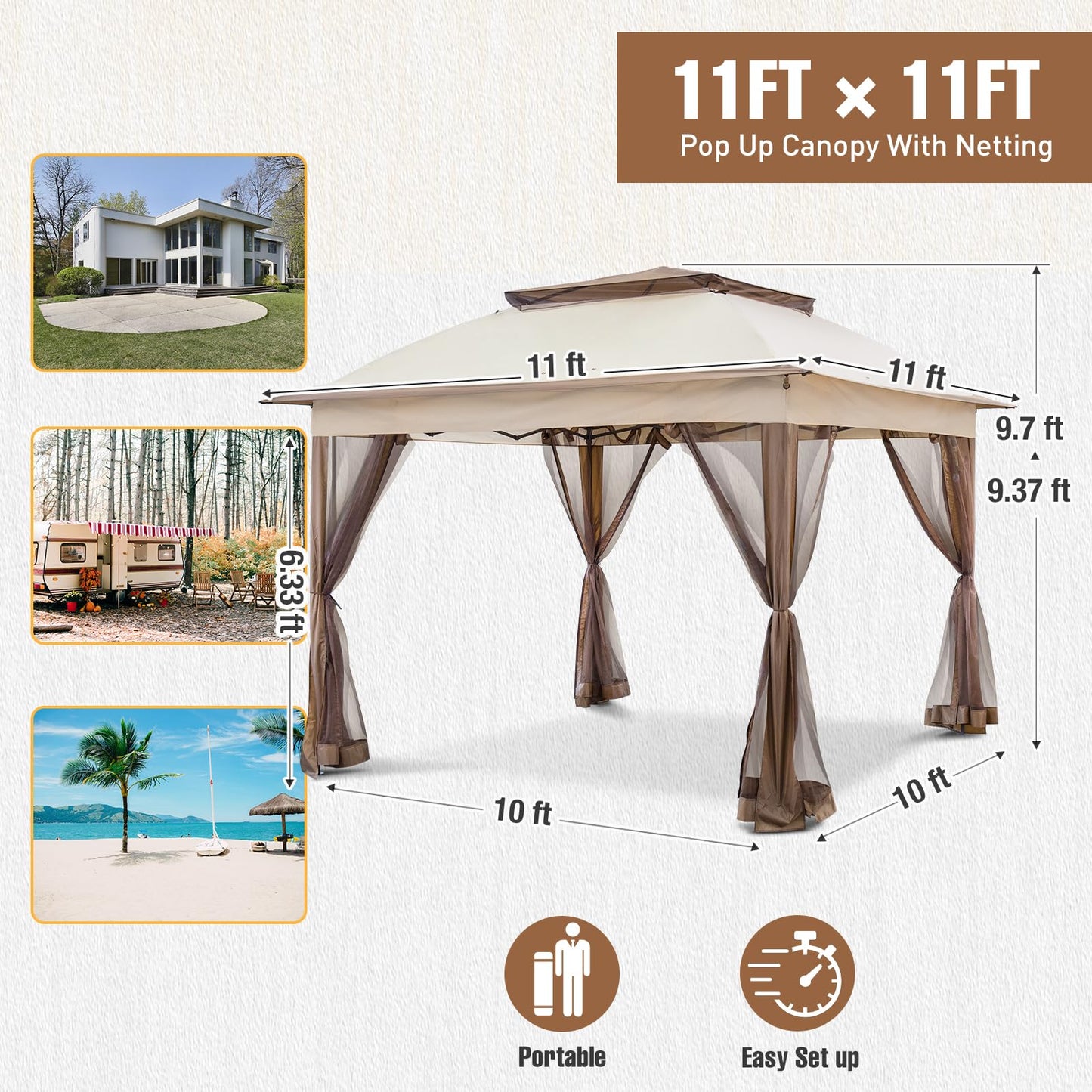 INTER HUT 11x11 Pop Up Gazebo Tent with Mesh Netting, Instant Outdoor Canopy with UPF 50+ UV Protection, Water Resistant, Beige
