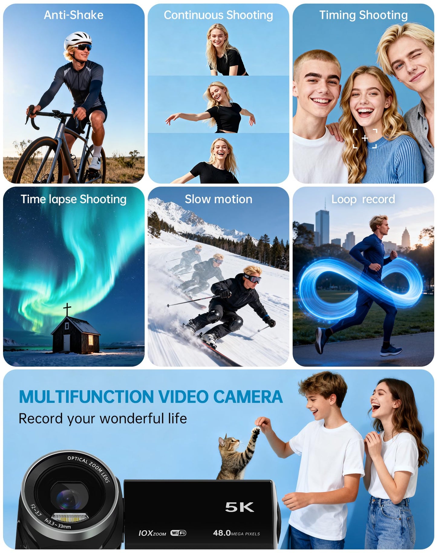 5K Video Camera Camcorder 48MP UHD WiFi Vlogging Camera for YouTube,10X Optical Zoom 3.0'' IPS Touch Screen Anti-Shake Digital Camera with LED Fill Light,64GB Card,Mic,Stabilizer,Remote,2 Batteries