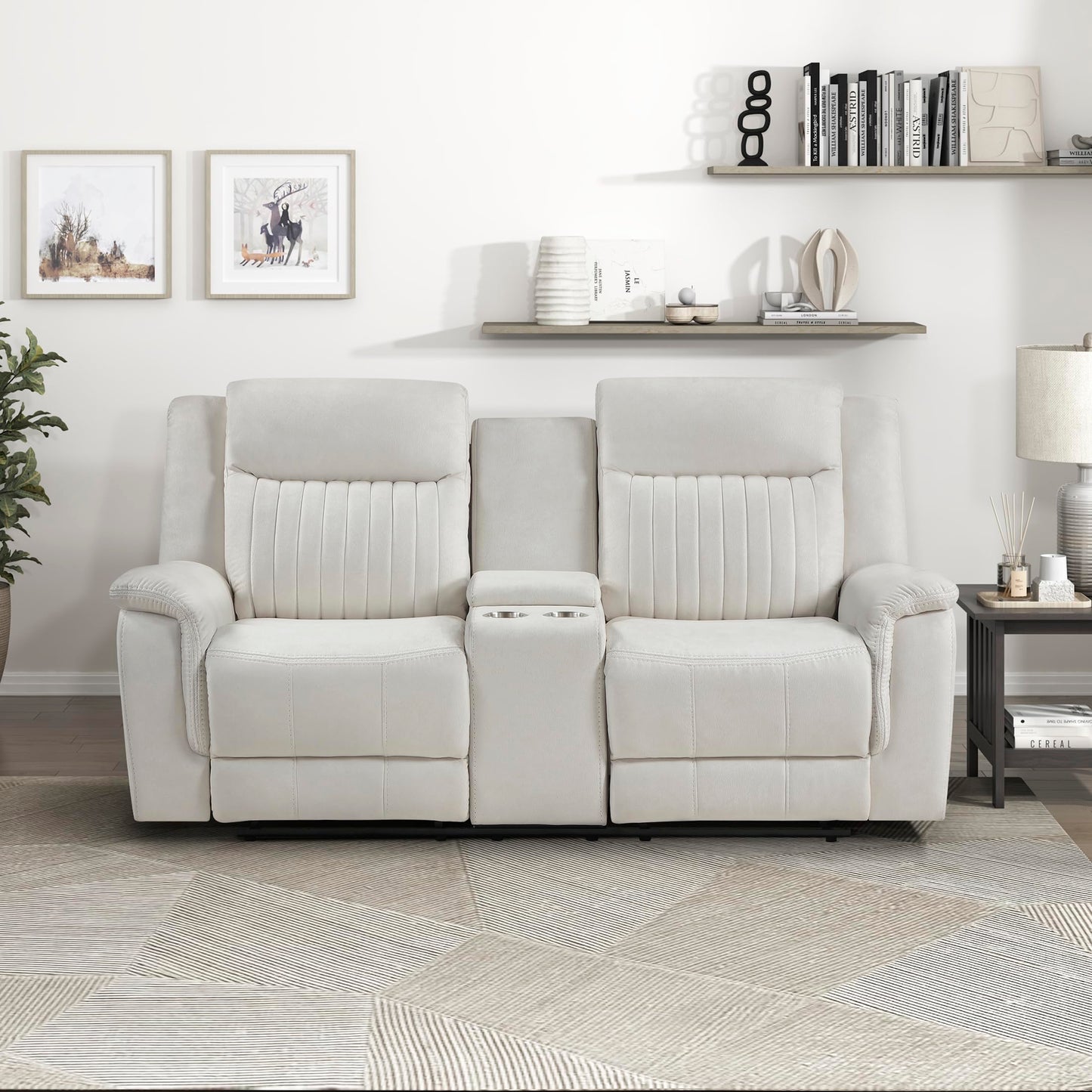 Lexicon Manual Double Reclining Loveseat, Polished Microfiber Manual Wall Hugger Loveseat Recliner for Living Room, Center Storage Console/Cup Holders, Easy Assembly, Beige