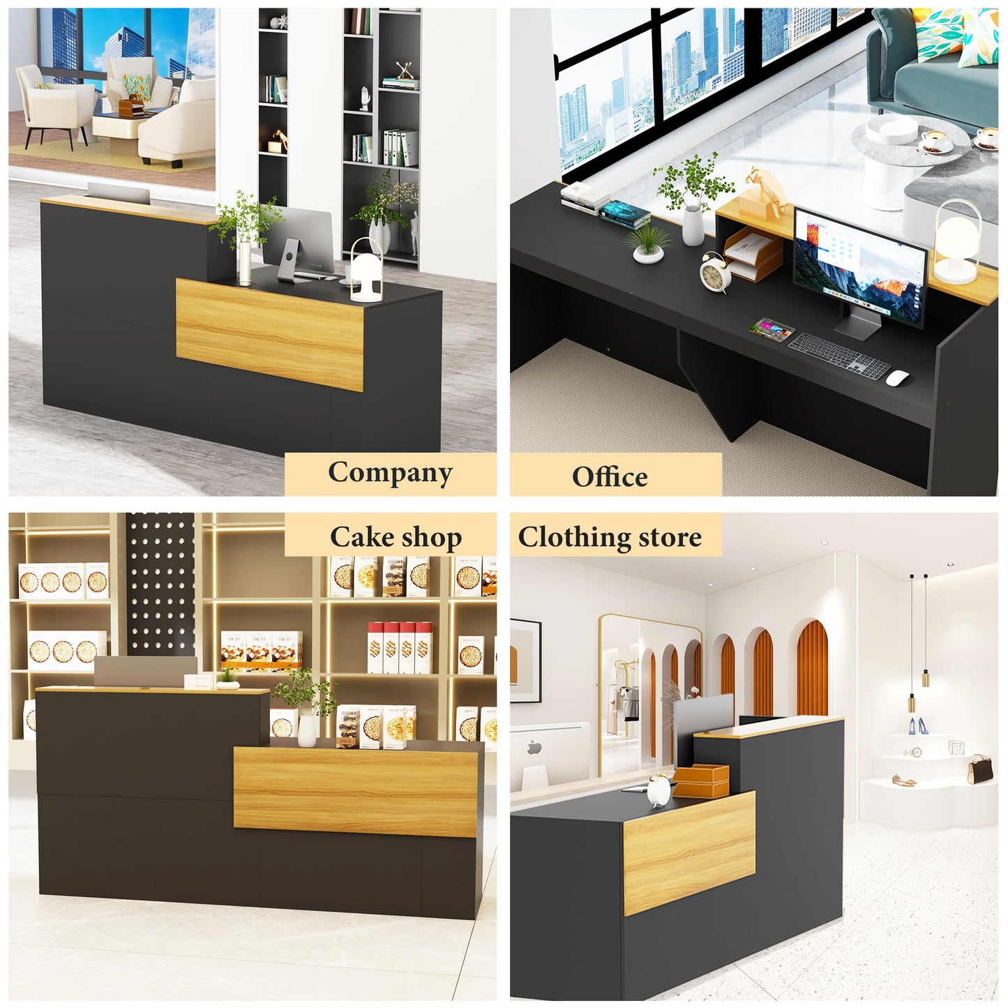 Reception Desk with Counter with Storage Shelves Modern Front Desk Large Wooden Commercial Reception Counter for Checkout, Lobby, Beauty Salon,Office,Black