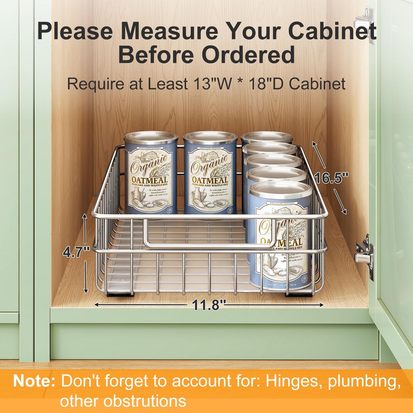 Pull out Cabinet Organizer, Stainless Steel 4-Pack Slide out Drawer with Silent Full-Extension Slides, Adhesive Roll out Can Spice Storage Basket Shelf Rack for Pantry, Kitchen, Bathroom, Home Closet