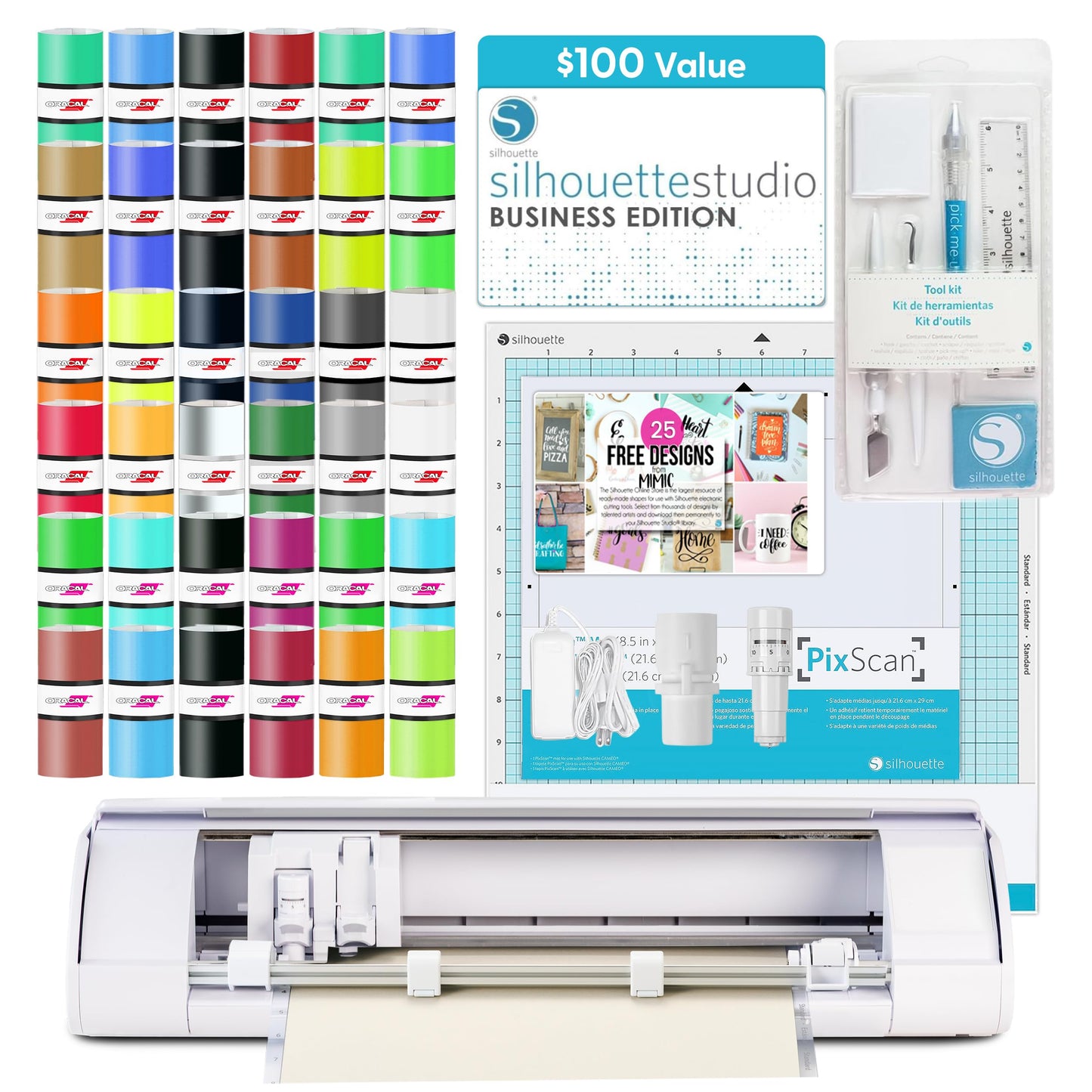 Silhouette America Cameo 5 Alpha (α) Smart Cutting Machine, Classic White (Deluxe Bundle) - Includes Business Edition Software, 36 Vinyl Sheets, PixScan Mat, Tool Kit & 25 Free Designs