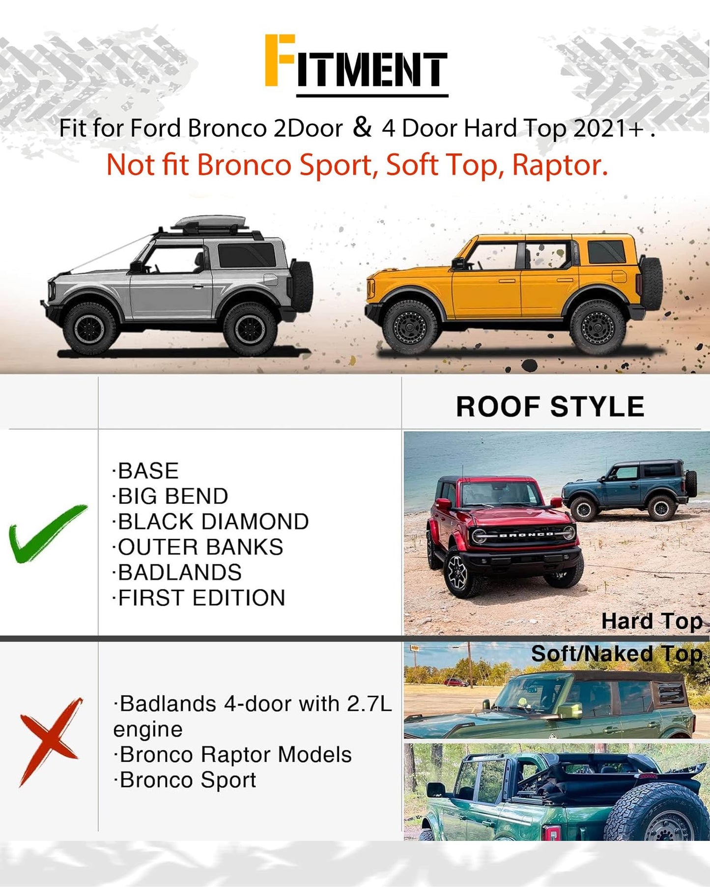 Broaddict Roof Rack Cross Bar Fit for 2021-2025 2026 Ford Bronco 2 Door/4 Door Rooftop Cargo Accessories Luggage Rack (NOT for Bronco Sport) (Standard Rack (2/4-Door))