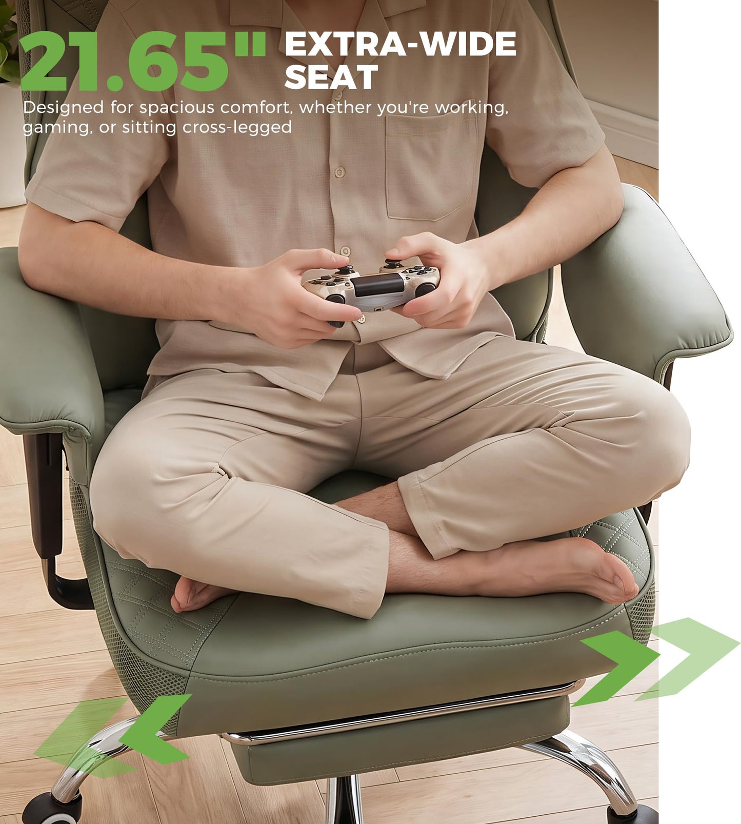 GTPLAYER Big and Tall Office Chair, High Back Computer Gaming Chair with Ergonomic Lumbar Support &Pocket Spring Cushion for Lower Back Pain Relief, Leather Executive Chair with Foot Rest, Green