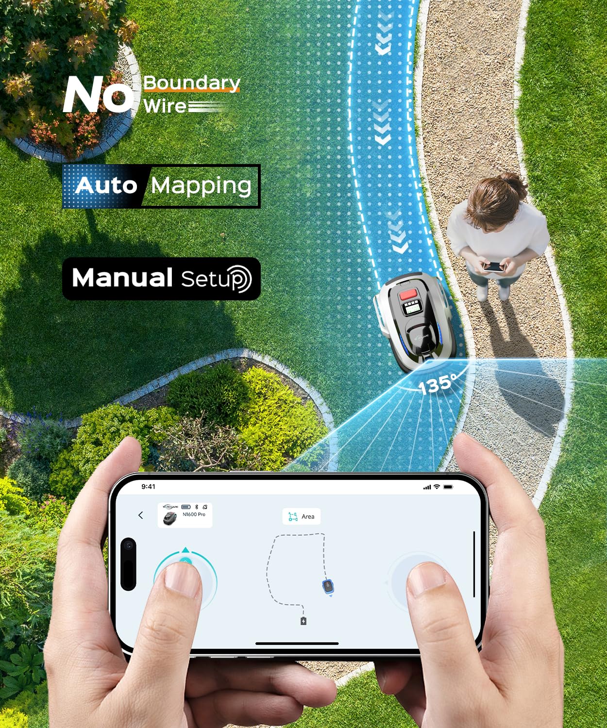 YARDCARE N1600 PRO Wireless Robot Lawn Mower, RTK+Vision Navigation, 0.4 Acre Coverage, APP Smart Control, Multi-Zone Mowing, Ordered Cutting Path, Smart Robot Lawn Mower for Yards