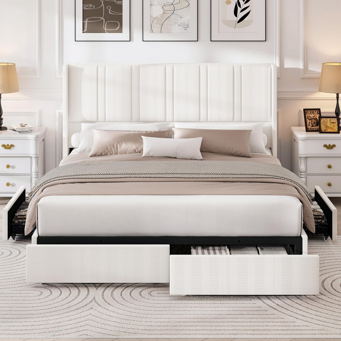LARMACE Queen Size Bed Frame with 4 Storage Drawers and Wingback Headboard Linen Upholstered Platform Bed Frame with Wooden Slats, Easy Assembly, White