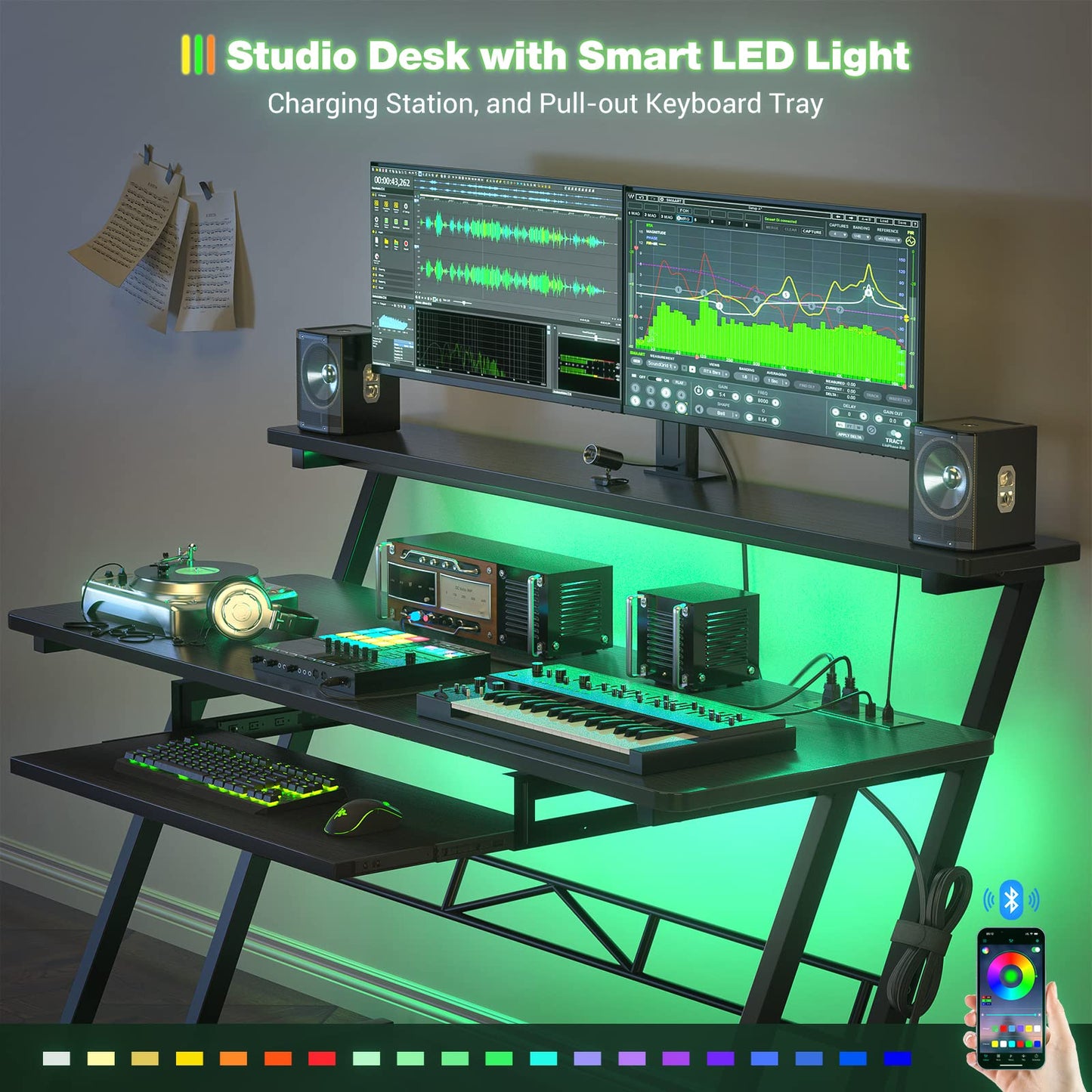 Armocity Music Studio Desk, Music Production Workstation with Power Outlets and RGB LED Lights, Recording Studio Table Desks Music Producer for Home, Black