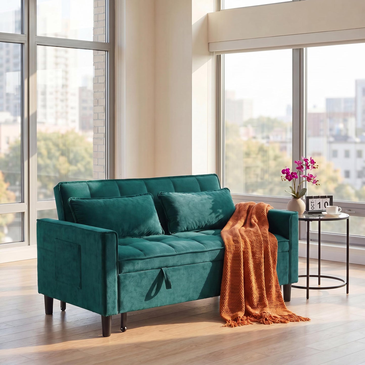 NicBex Convertible Sofa Bed, 3 in 1 Velvet Fabric Loveseat Sleeper Sofa Bed, Pull Out Couch with Adjustable Backrest & Side Pockets for Small Spaces, Living Room & Bedroom, Dark Green