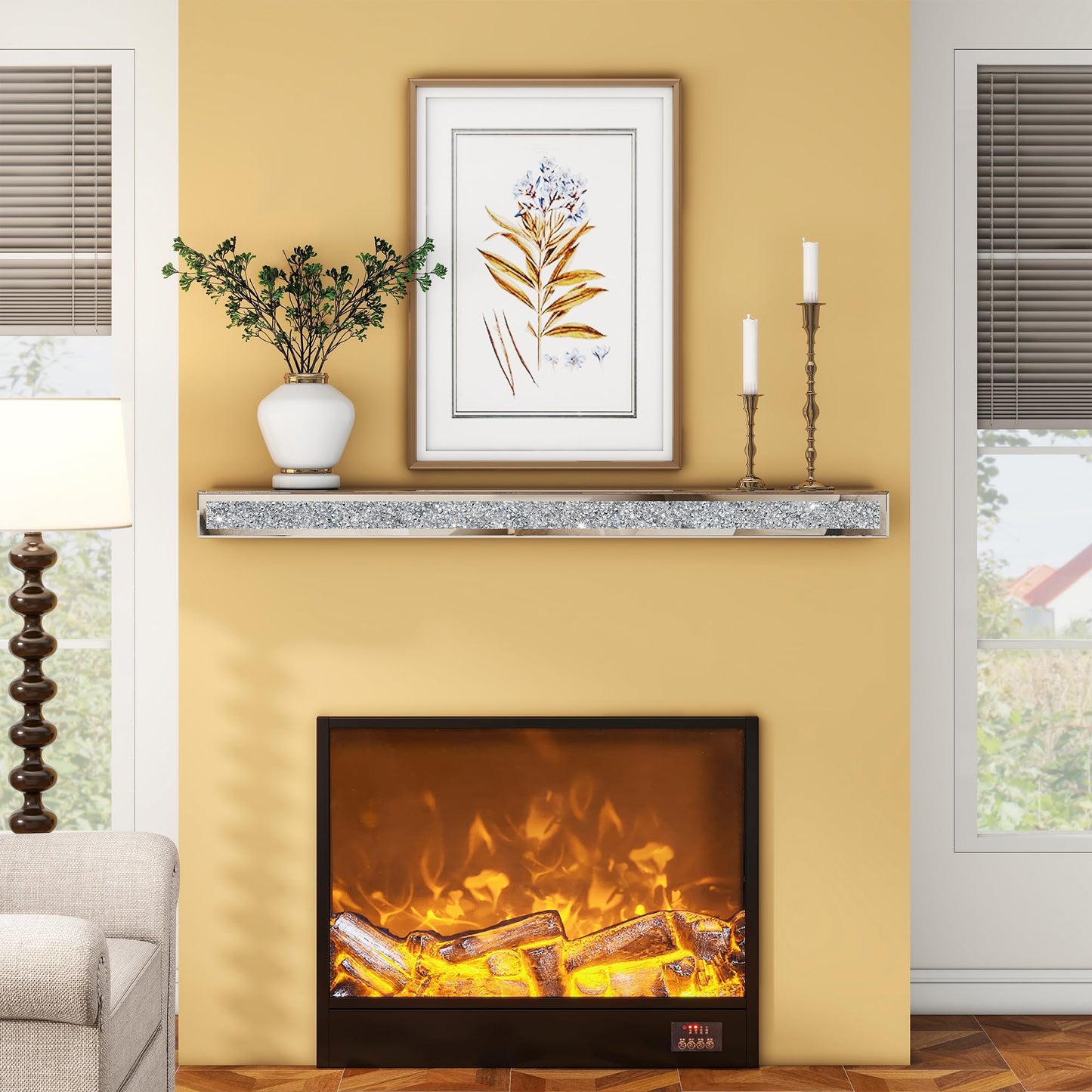 blingworld Mirrored Fireplace Mantel 60 Inches, Handcrafted Glass Mantel for Over Fireplace, Crystal Crushed Diamond Fireplace Mantel Shelf, Wall Mounted Floating Fireplace Mantels, Silver