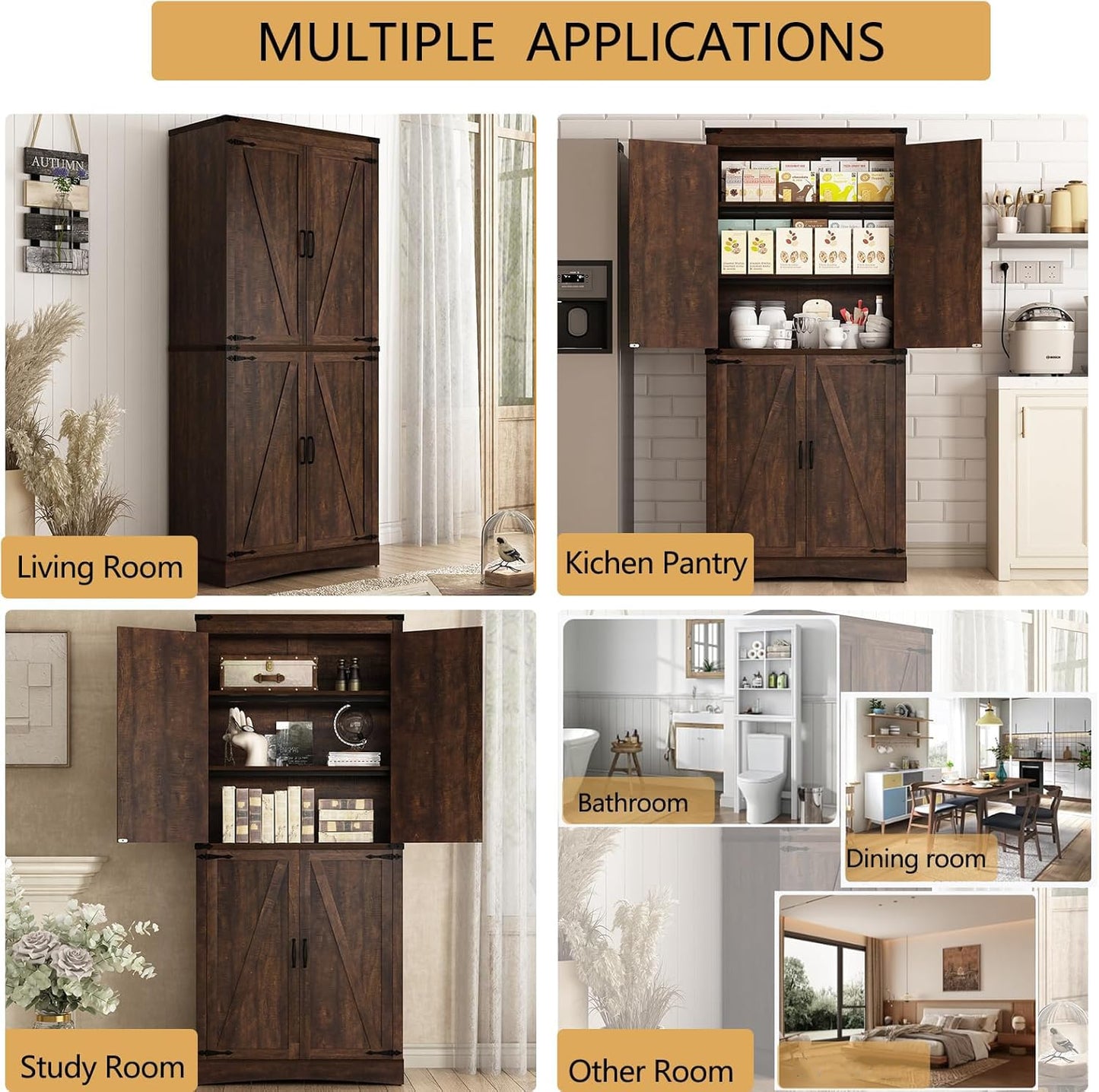 Hlivelood 71" Tall Kitchen Pantry,Farmhouse Storage Cabinet with Adjustable Shelves,Load-Bearing Steel Pipe,Farmhouse Pantry Cabinet with 4 Barn Doors, for Kitchen,Dining Room,Living Room(Brown)