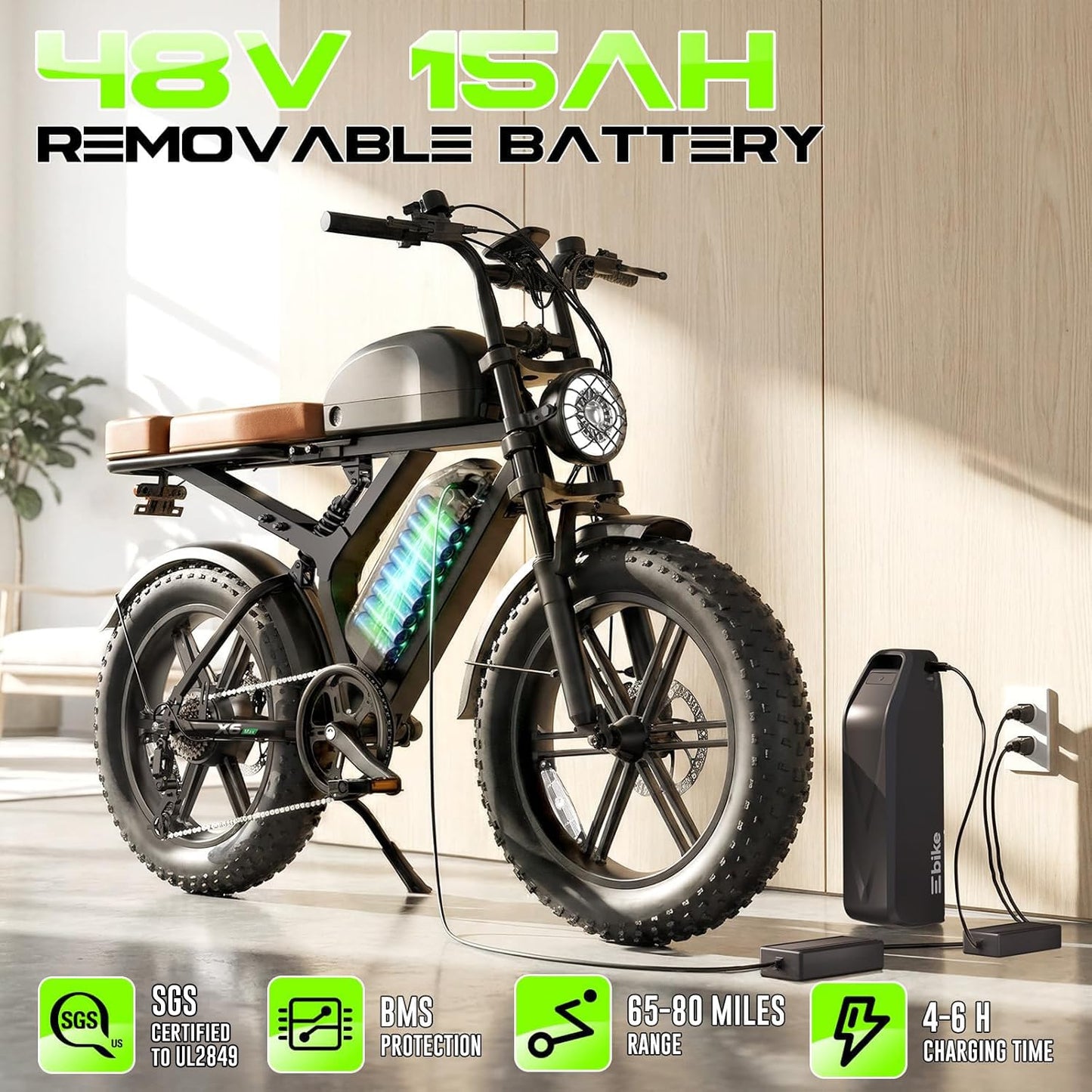 TS TST GRP LLC Electric Bike for Adults, Peak 1500W Motor Retro Ebike, Range 120Miles, 48V 30Ah Removable Battery, 20"x4" Fat Tires, Full Suspension, APP Control, Off-Road E Bike for City Commuting