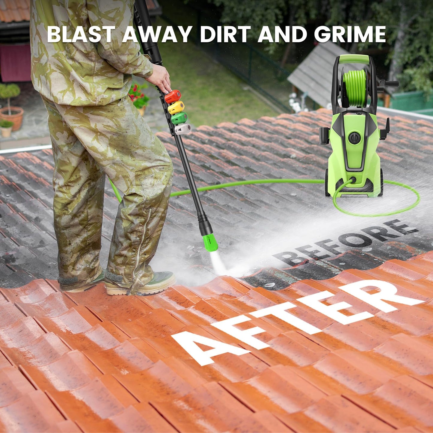 Commowner Pressure Washer 5000 PSI Adjustable Pressure, Power Cleaners Powered with 33ft Pressure Hose, 4 Nozzles and 500ml Foam Cannon, Cleaner Machine for Home, Car, Green
