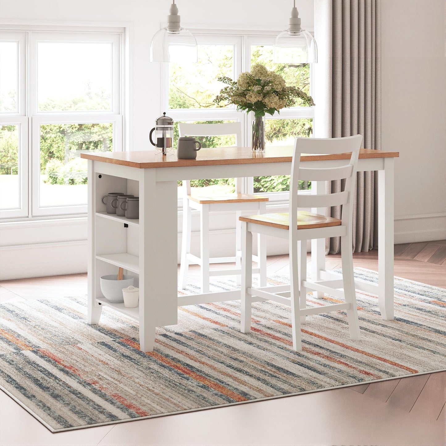 Signature Design by Ashley Gesthaven Farmhouse Counter Height Dining Table with 3 Shelves and Trestle Base, Light Brown & White
