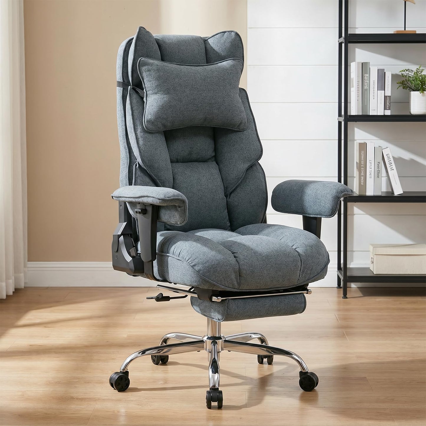 mokodo Ergonomic Office,Fabric Executive Desk Chair with Pocket Spring Cushion, 155° Reclining Computer Chair, Big and Tall Heavy Duty Seat with Adjustable Headrest & Lumbar Support (Dark Blue)