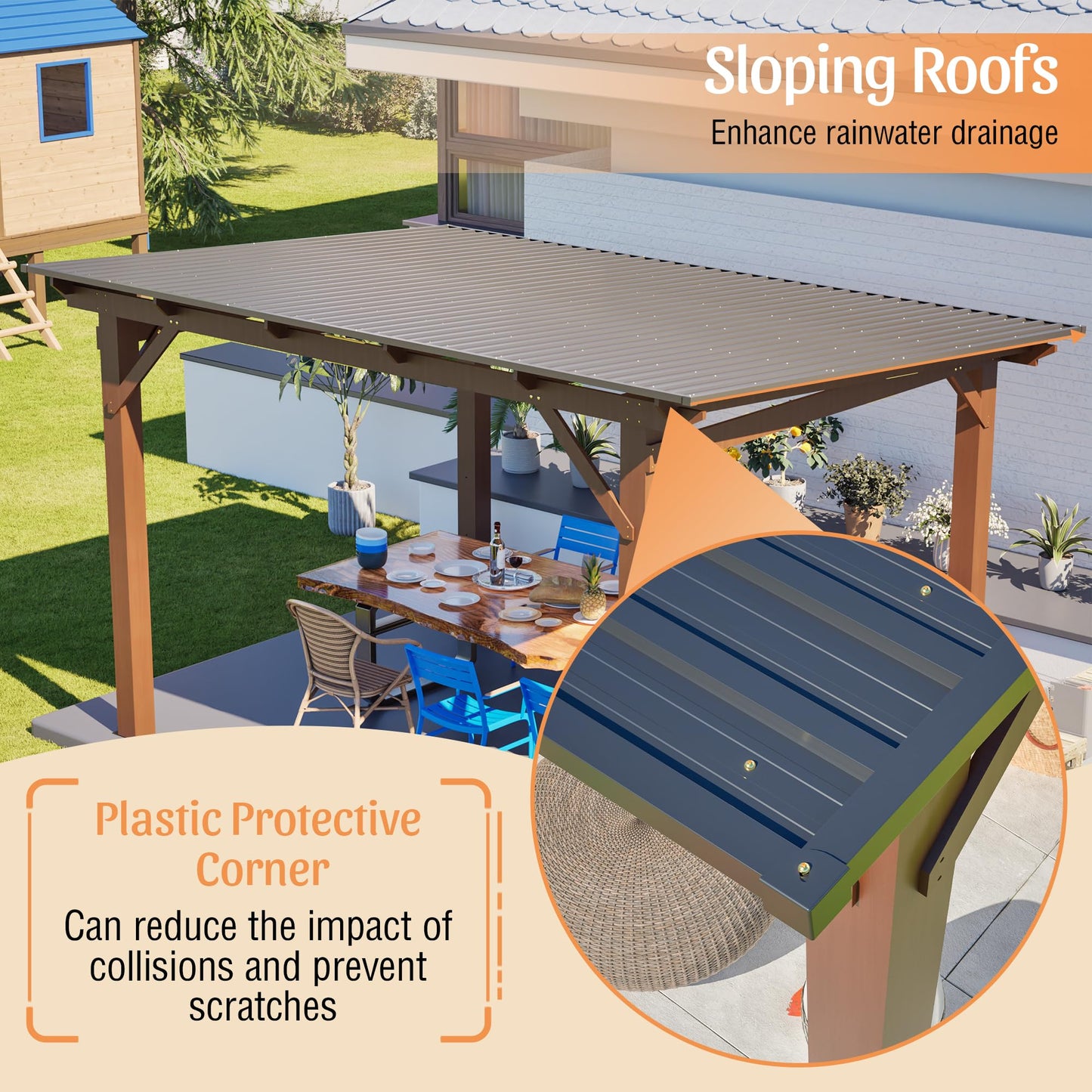 KEIKI 13.1' x 10' Wooden Grill Gazebo Metal Roof, Bulbs, Bar Counters, Patio Hardtop Grill Pergola, BBQ Canopy for Lawn, Garden, Outdoor Patio, Backyard