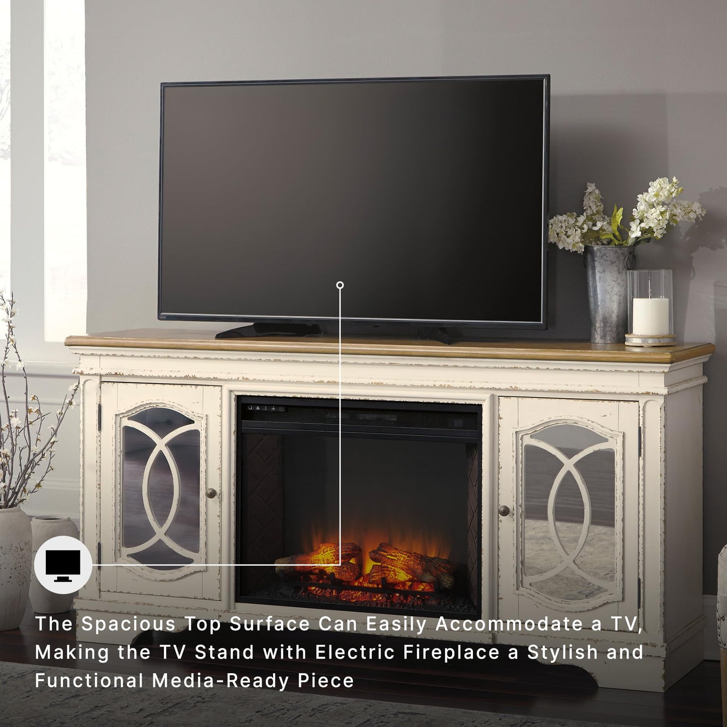 Signature Design by Ashley Realyn Fireplace TV Stand, 74 Inch Cottage Style Media Console, Wood, Engineered Wood and Veneers, Electric Infrared Insert, Fits TVs up to 85 Inch, Chipped White