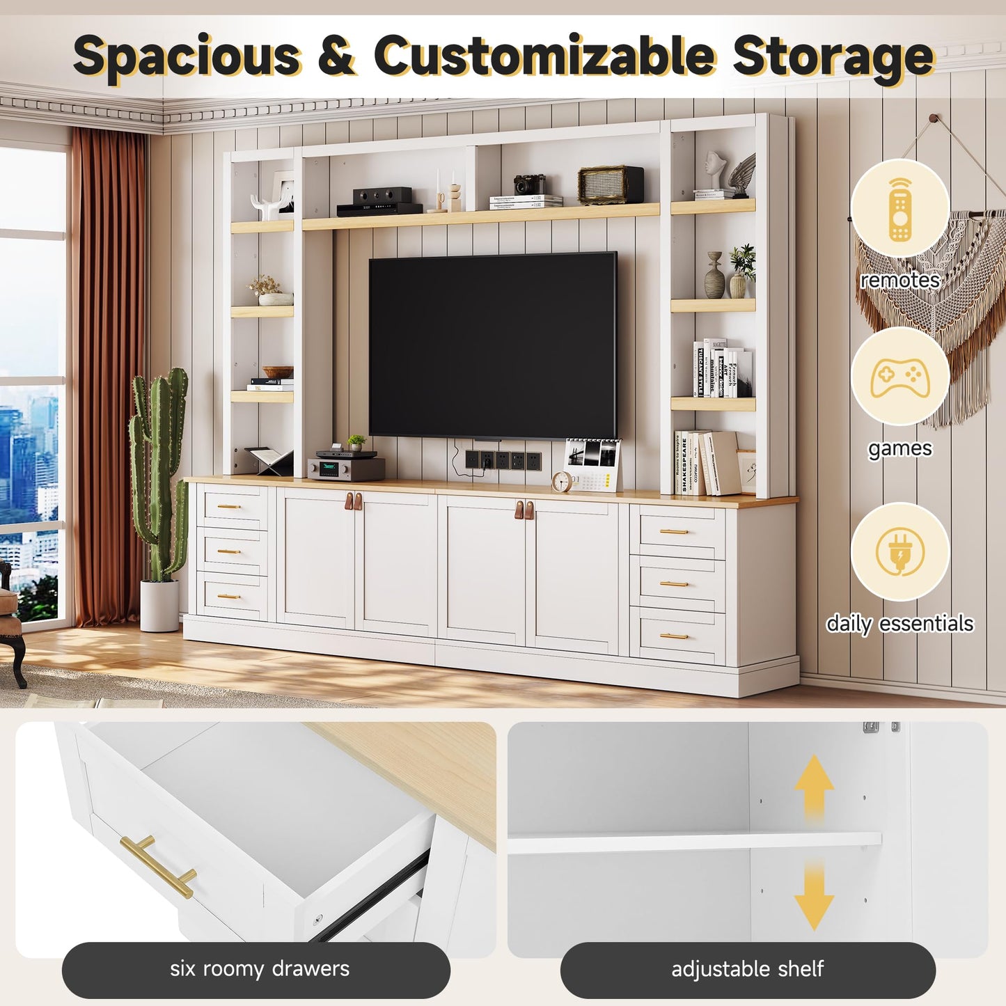 Merax 102.3 Inch Wide Farmhouse Entertainment Center, Rustic TV Stand with 6 Drawers & Adjustable Shelves, Large Media Console for TVs up to 75", Modern Bookshelves Wall Unit, White