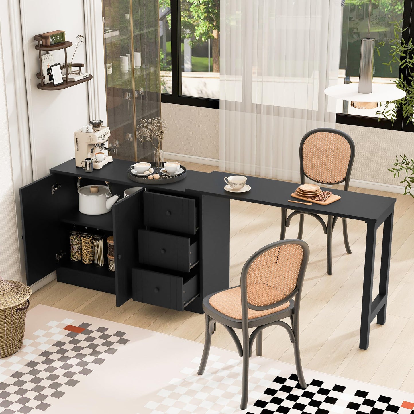 Merax Wood Farmhouse Buffet Sideboard with with Extendable Table, Multifunctional Coffee Bar Cabinet with 2 Doors and 3 Drawers for Living Room Bedroom Kitchen Black